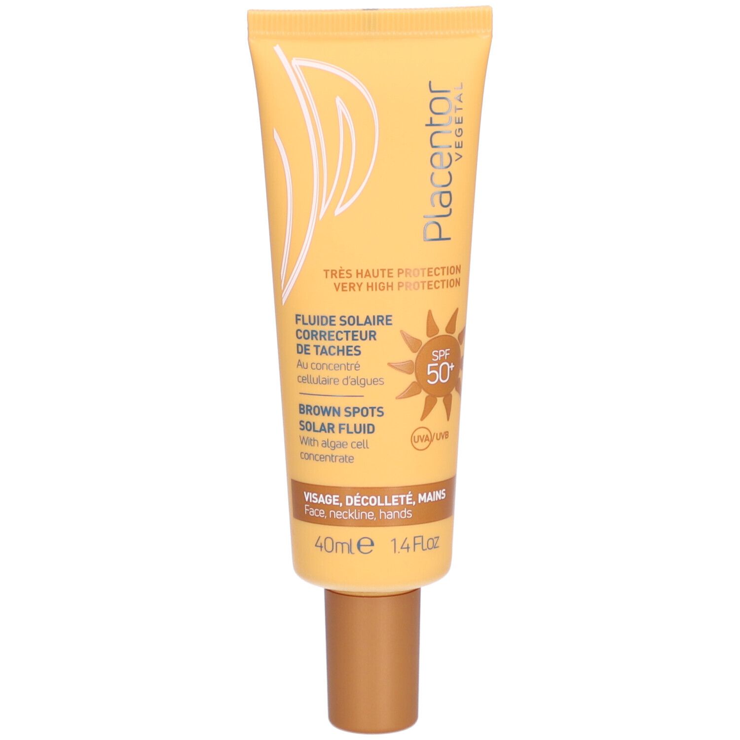 Gele tube met bruine dop. Opschrift: Fluide Solaire Correcteur de Tâches SPF50+. Tekst in het Frans en Engels.