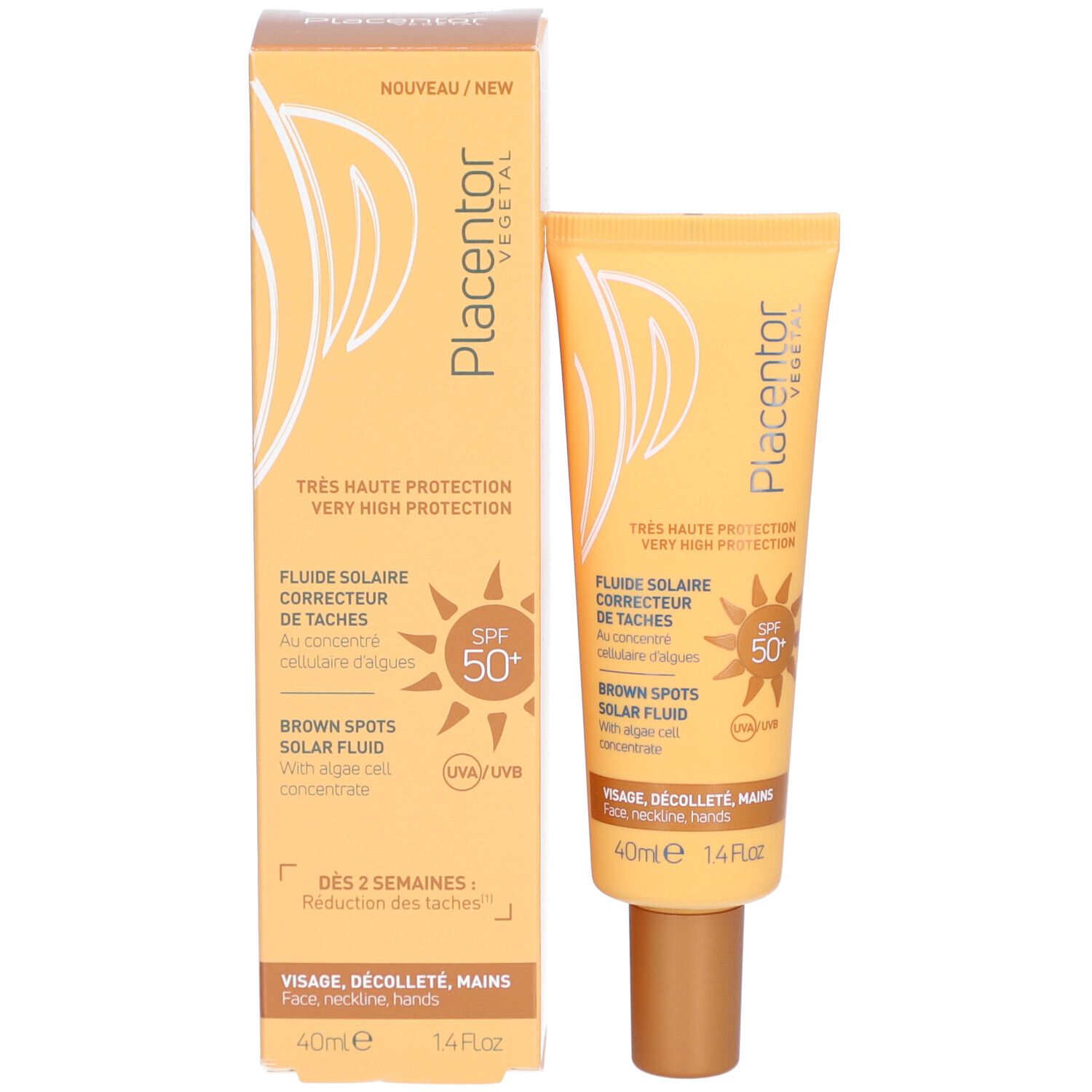 Verpakking en tube. Verpakking: rechthoekig, geel. Tube: geel met bruine dop. Tekst: Fluide Solaire Correcteur de Tâches.