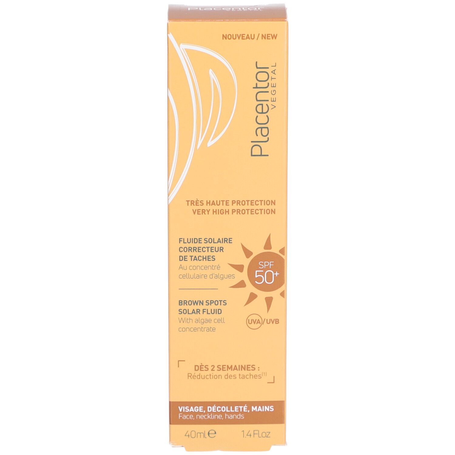 Gele productverpakking. Tekst: Fluide Solaire Correcteur de Tâches, SPF50+. Opschrift: Nouveau/New. Rechthoekige vorm.