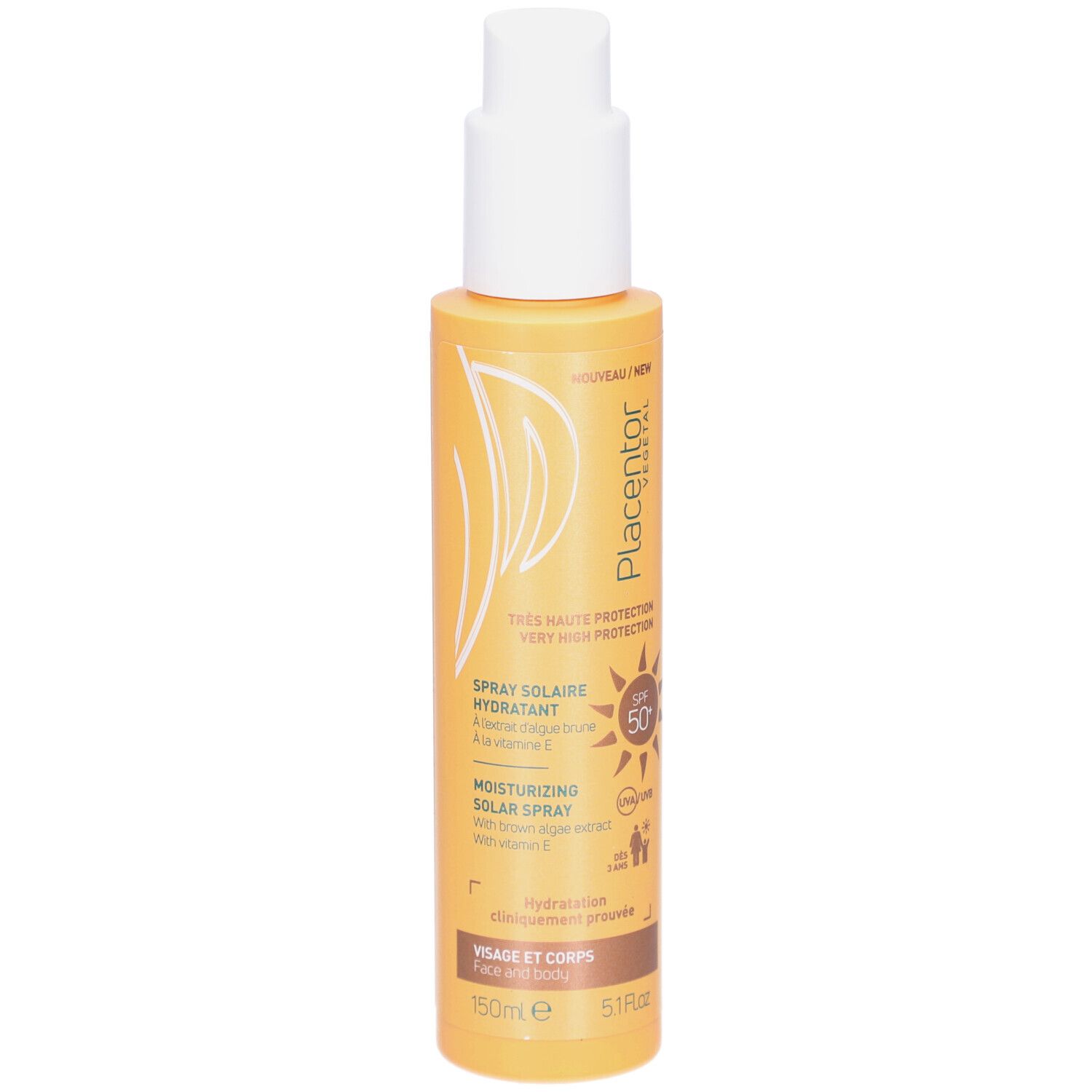 Flacon spray jaune avec pompe blanche. Inscription: PLACENTOR, Spray Solaire Hydratant, SPF 50. Pour visage et corps.