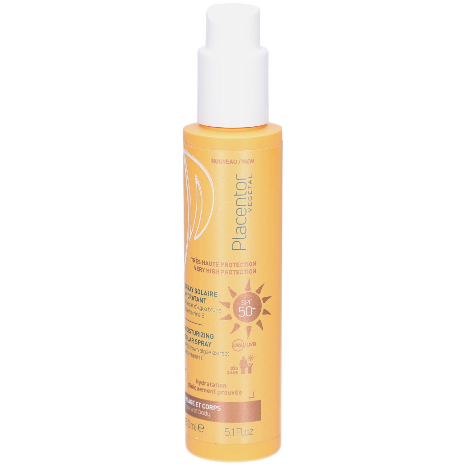 Flacon spray jaune avec pompe blanche. Inscription: PLACENTOR, Spray Solaire Hydratant, SPF 50. Pour visage et corps.
