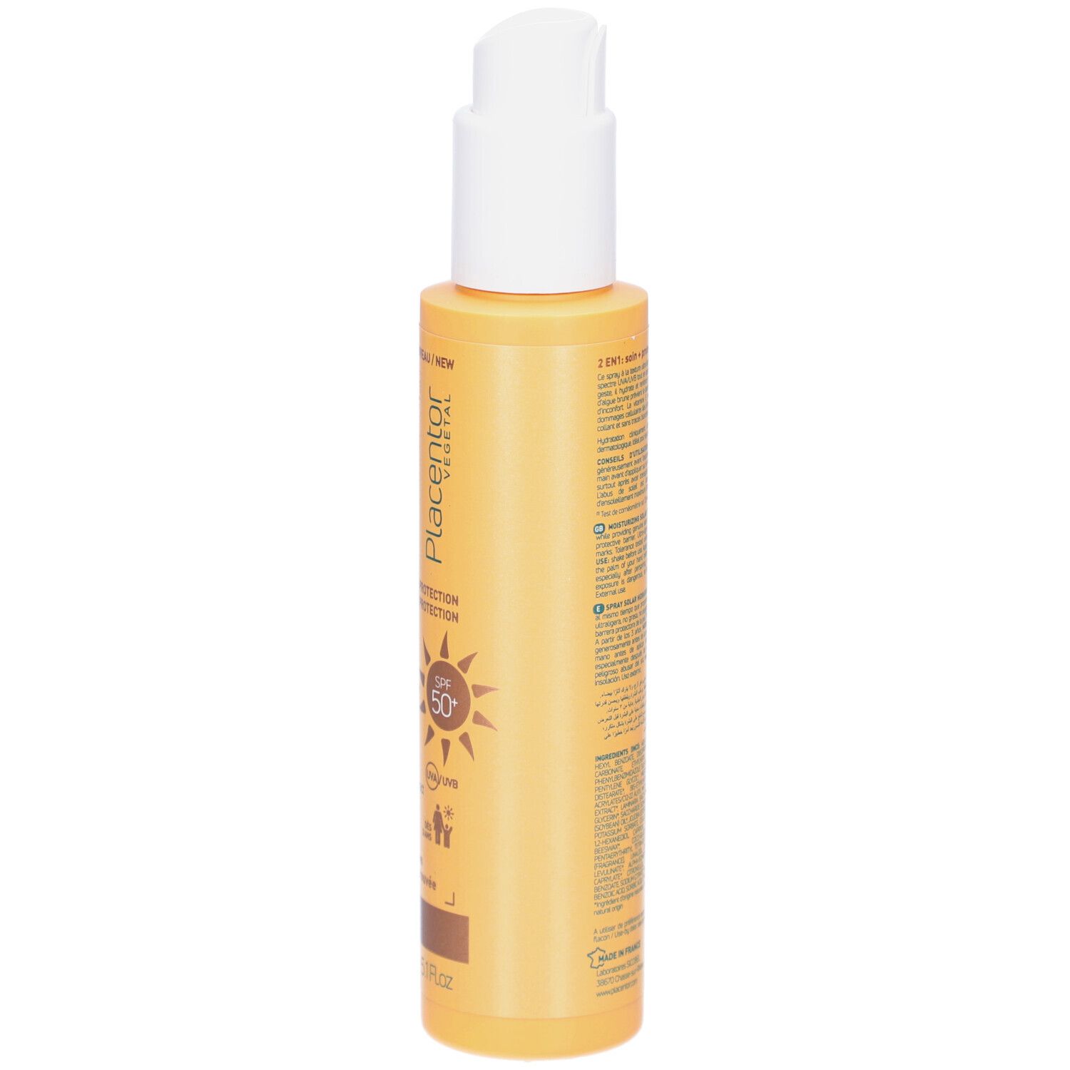 Flacon spray jaune avec pompe blanche. Inscription: PLACENTOR, Spray Solaire Hydratant, SPF 50. Pour visage et corps.