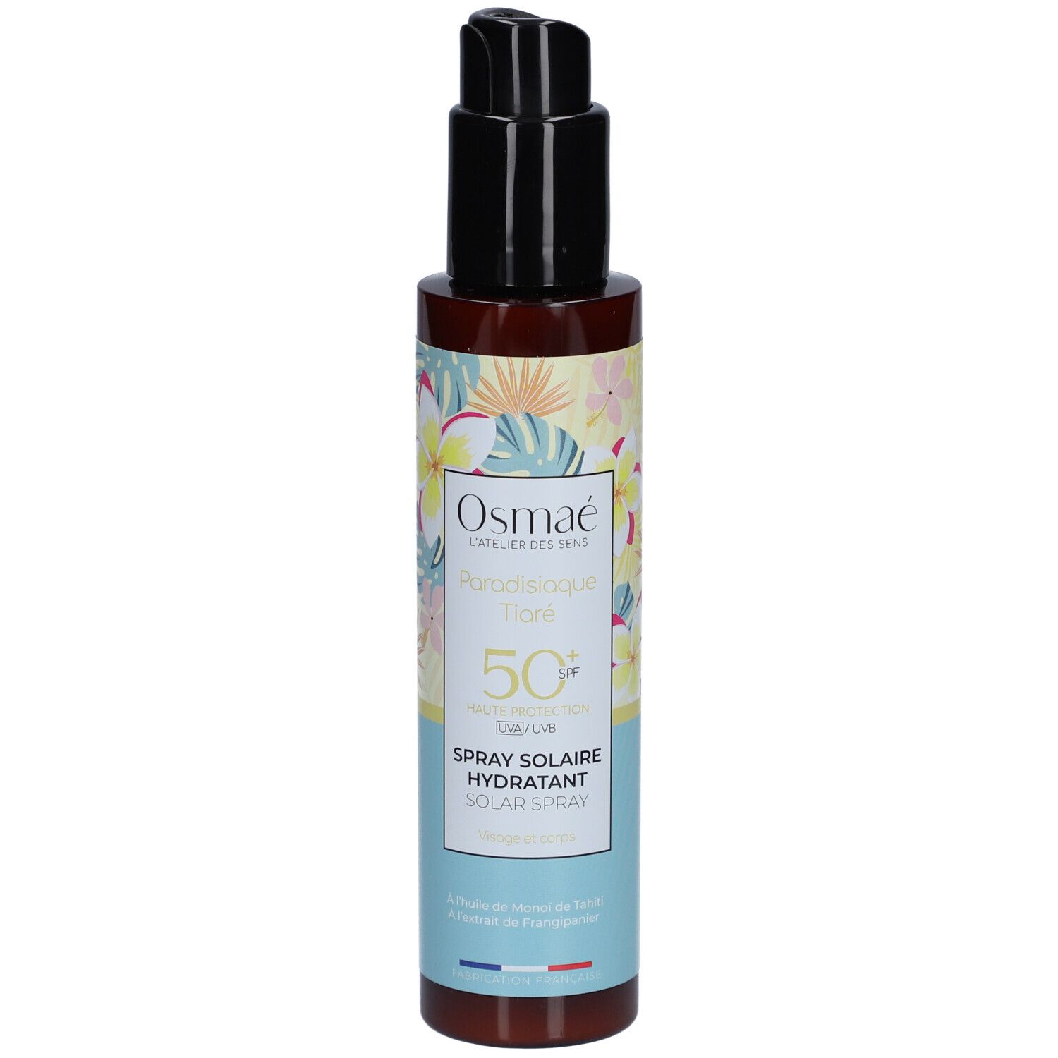 Osmaé Paradisiaque Tiaré SPF50+ zonnebrandspray. Bruine fles met zwarte pomp. Bloemenontwerp.