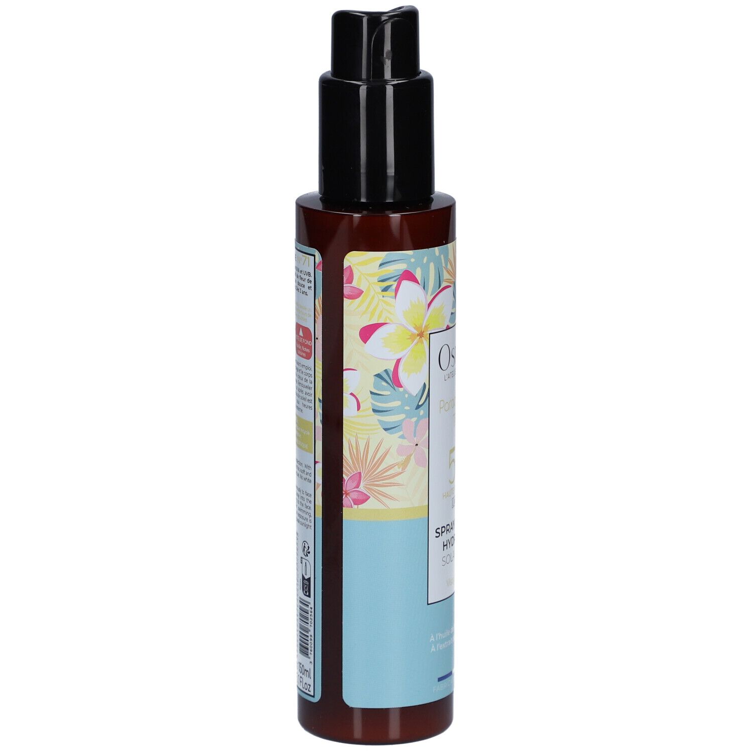 Zonnebrandspray fles, zijaanzicht. Merk Osmaé. Bruine fles met zwarte pomp. Bloemenontwerp.
