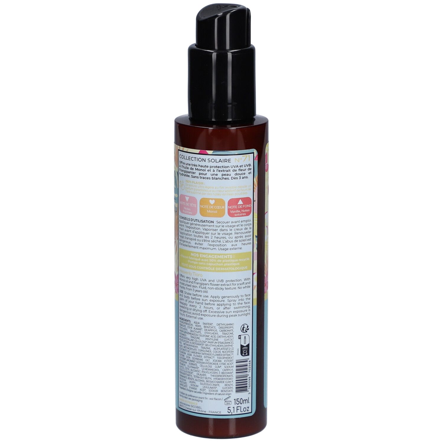 Achterkant zonnebrandspray fles met tekst. Merk Osmaé. Bruine fles met zwarte pomp. Bloemenontwerp.