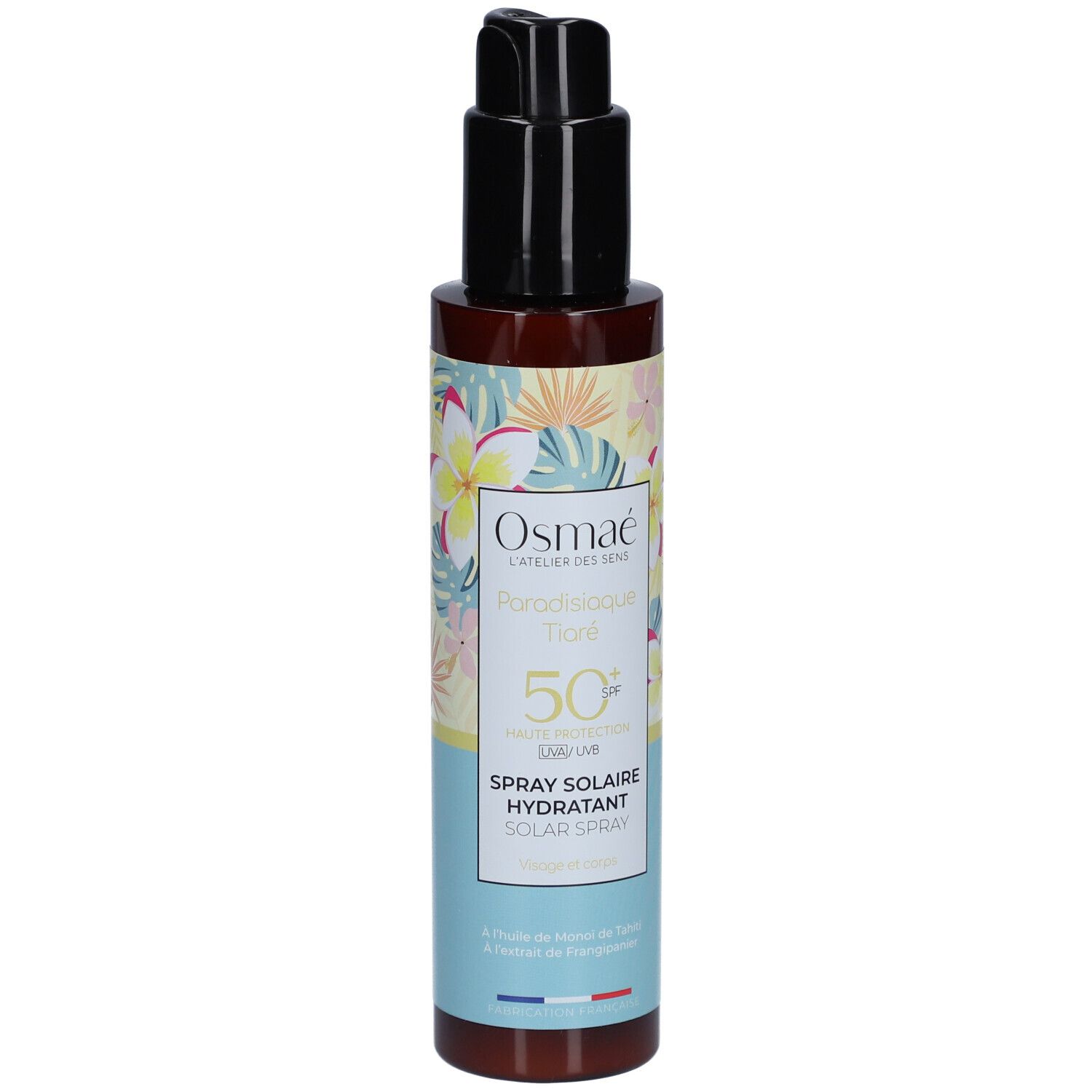 Osmaé Paradisiaque Tiaré SPF50+ zonnebrandspray. Bruine fles met zwarte pomp. Bloemenontwerp.