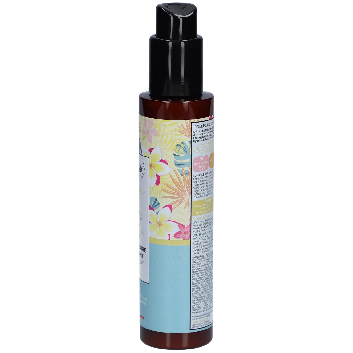 Zonnebrandspray fles, zijaanzicht. Merk Osmaé. Bruine fles met zwarte pomp. Bloemenontwerp.