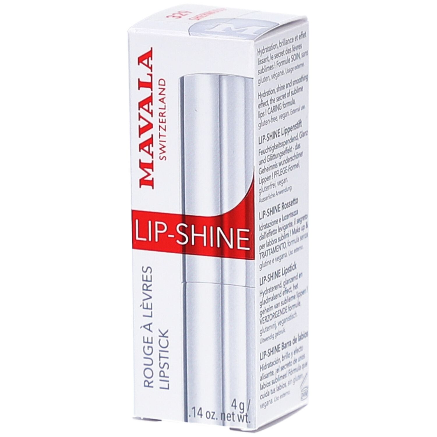 MAVALA LIP-SHINE lipstick in verpakking. Witte doos met rode tekst. Zilverkleurige lipstick.