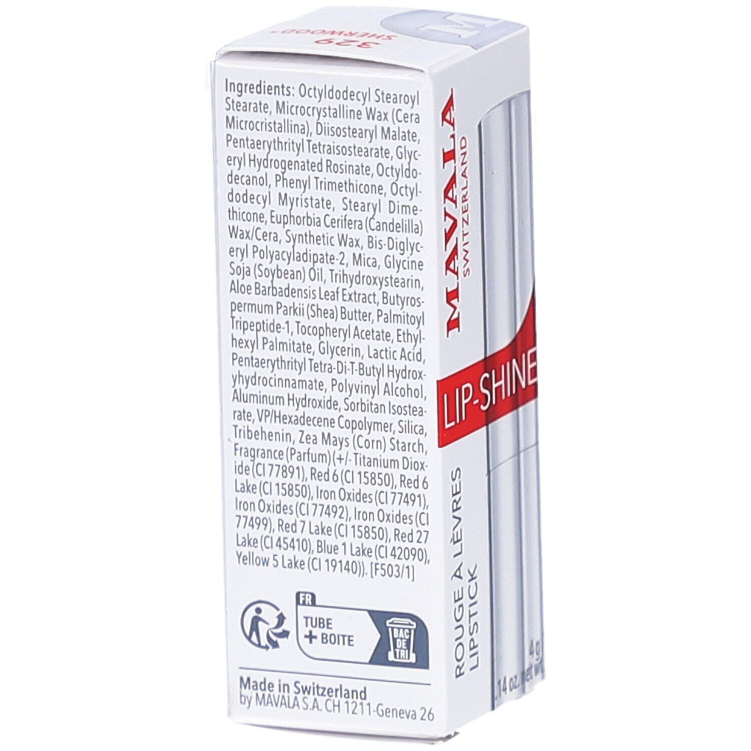 Achterkant van de verpakking. Witte doos met ingrediënten en tekst. MAVALA, LIP-SHINE, Rouge à lèvres, Lipstick.