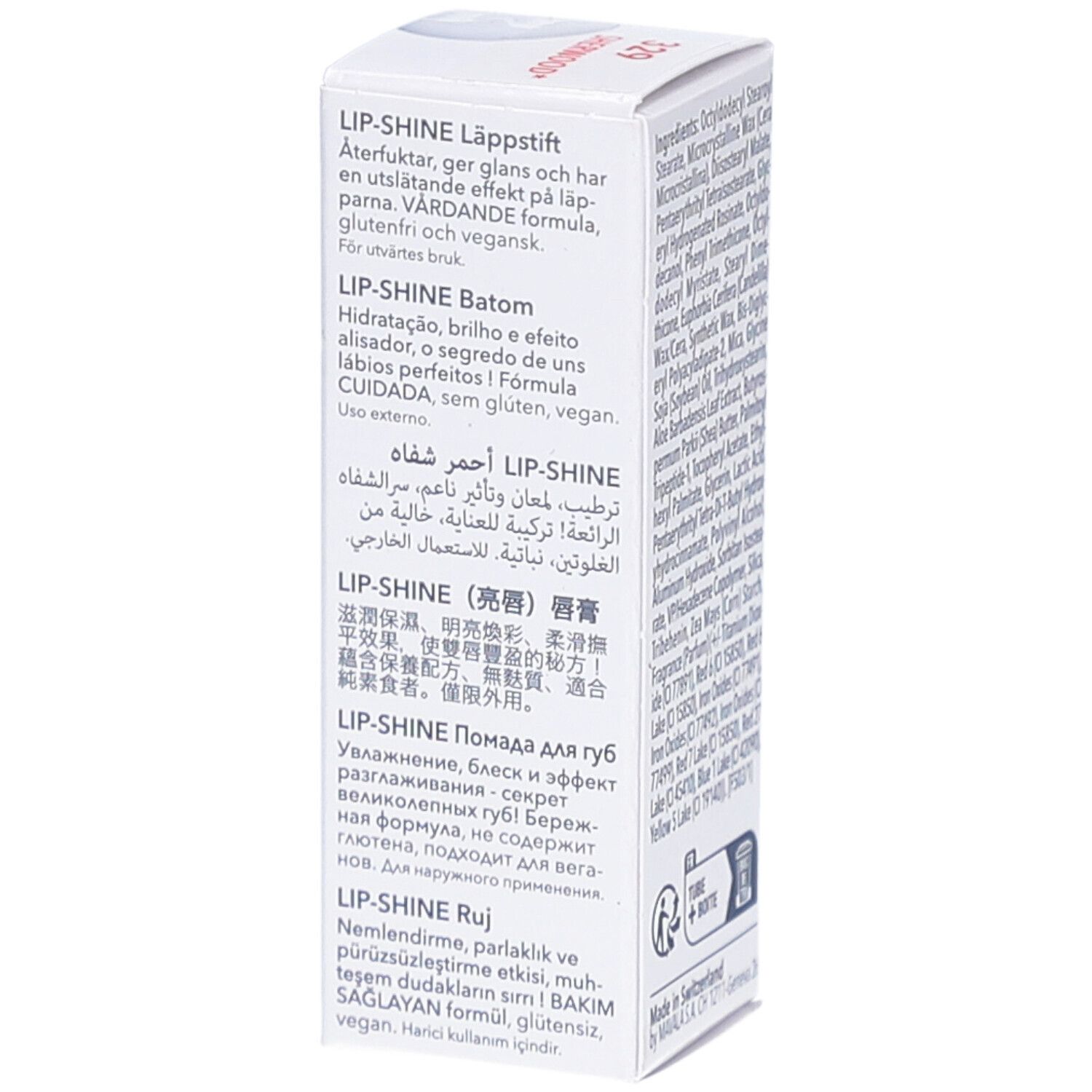 Zijkant van de verpakking. Witte doos met tekst in verschillende talen. LIP-SHINE, MAVALA.