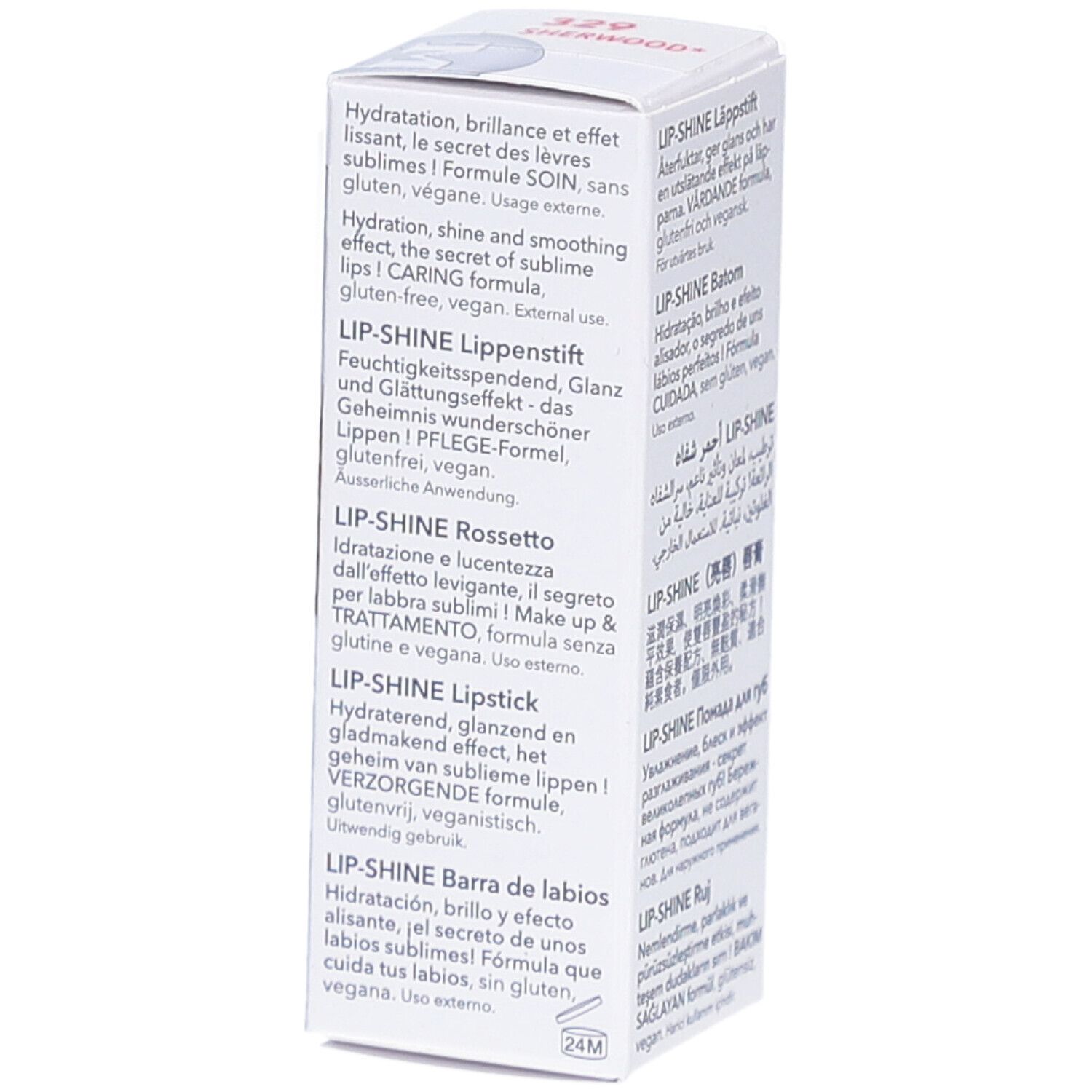 Zijkant van de verpakking. Witte doos met tekst in verschillende talen. LIP-SHINE, MAVALA.