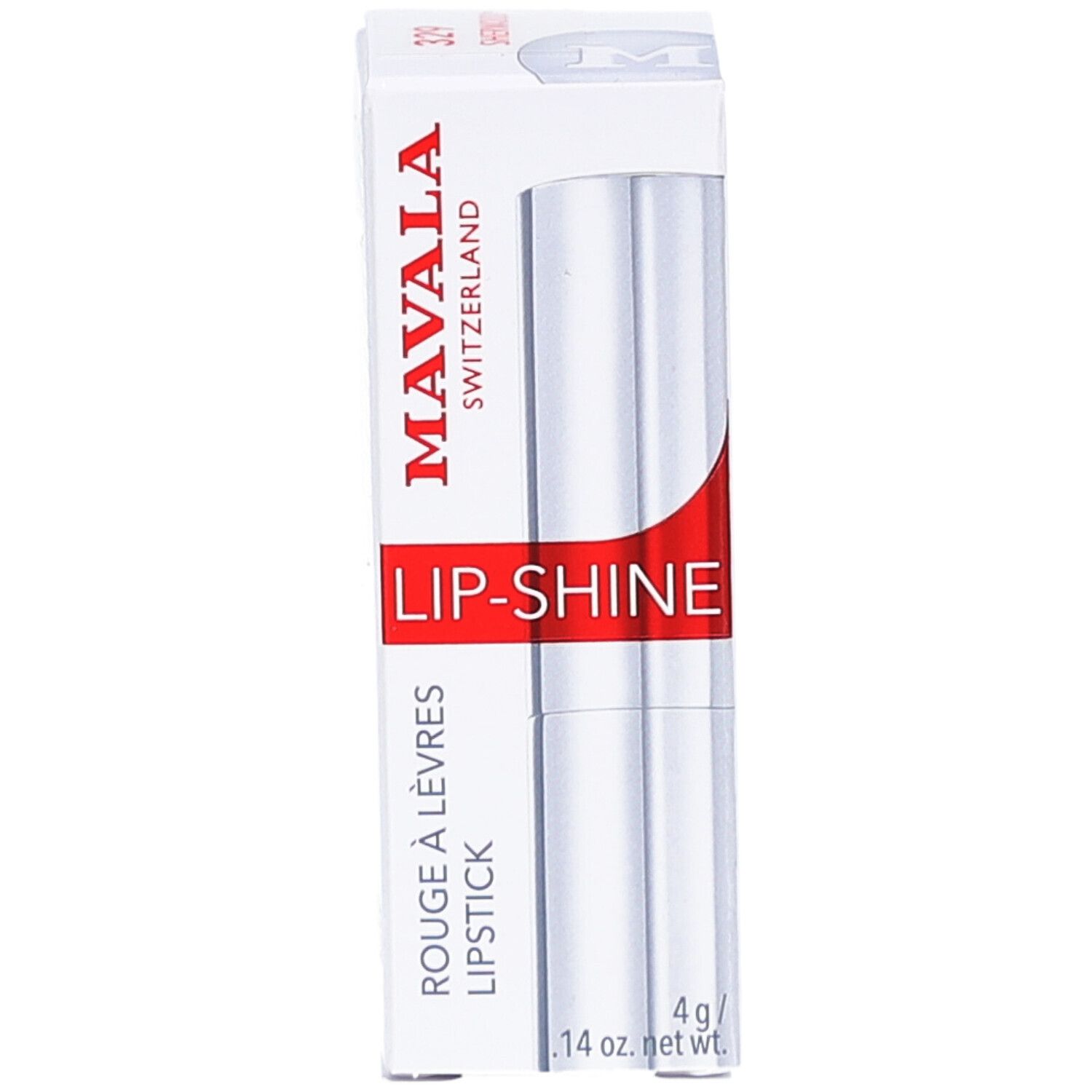 MAVALA LIP-SHINE lipstick in verpakking. Witte doos met rode tekst. Zilverkleurige lipstick.