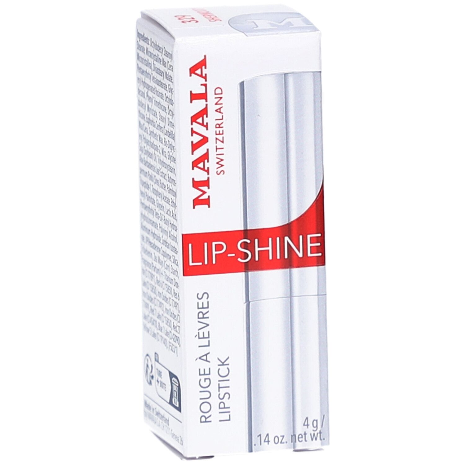 MAVALA LIP-SHINE lipstick in verpakking. Witte doos met rode tekst. Zilverkleurige lipstick.