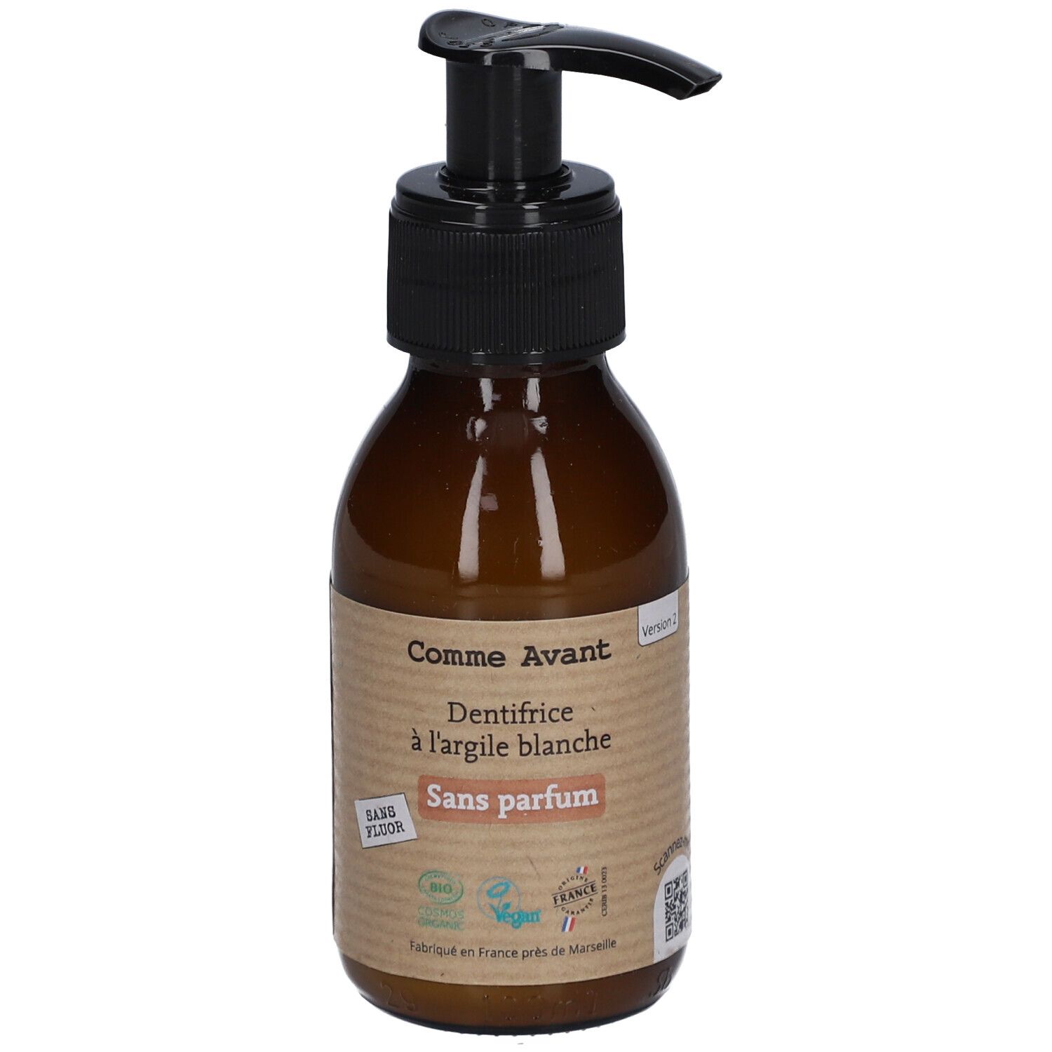 Flacon brun avec pompe noire. Étiquette: Comme Avant, Dentifrice à l'argile blanche, Sans parfum. Logos vegan et bio.