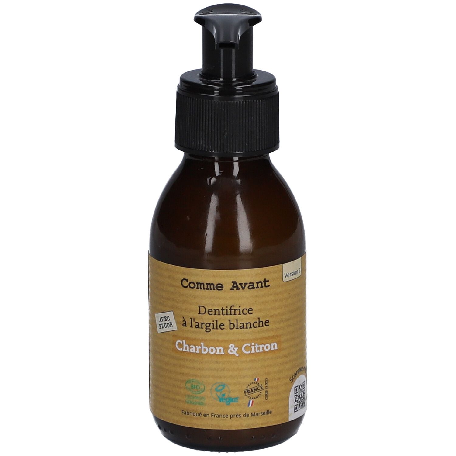 Flacon brun avec pompe noire. Étiquette avec nom du produit et ingrédients. Certification bio.