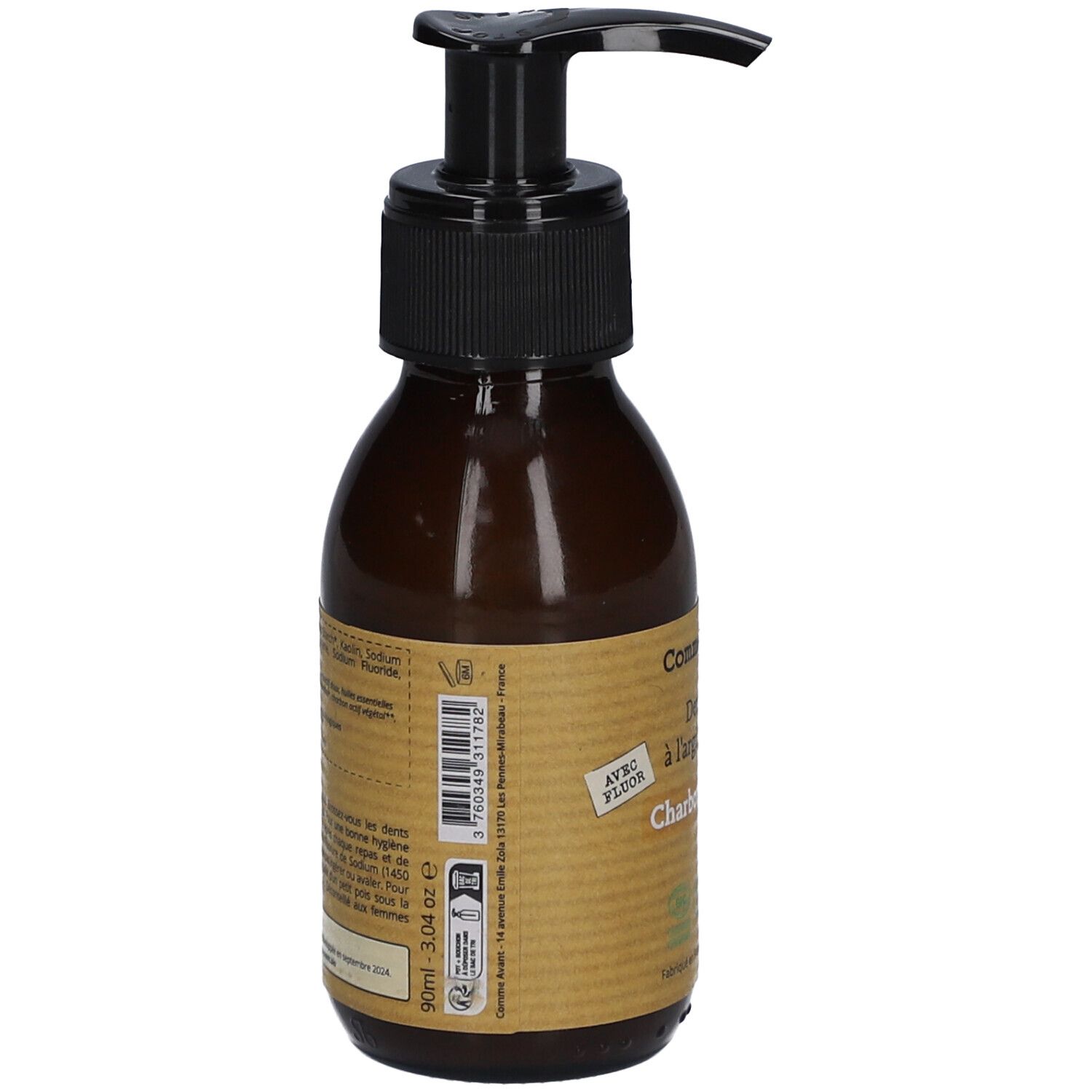 Flacon brun avec pompe noire. Étiquette avec informations produit et ingrédients. Code QR.