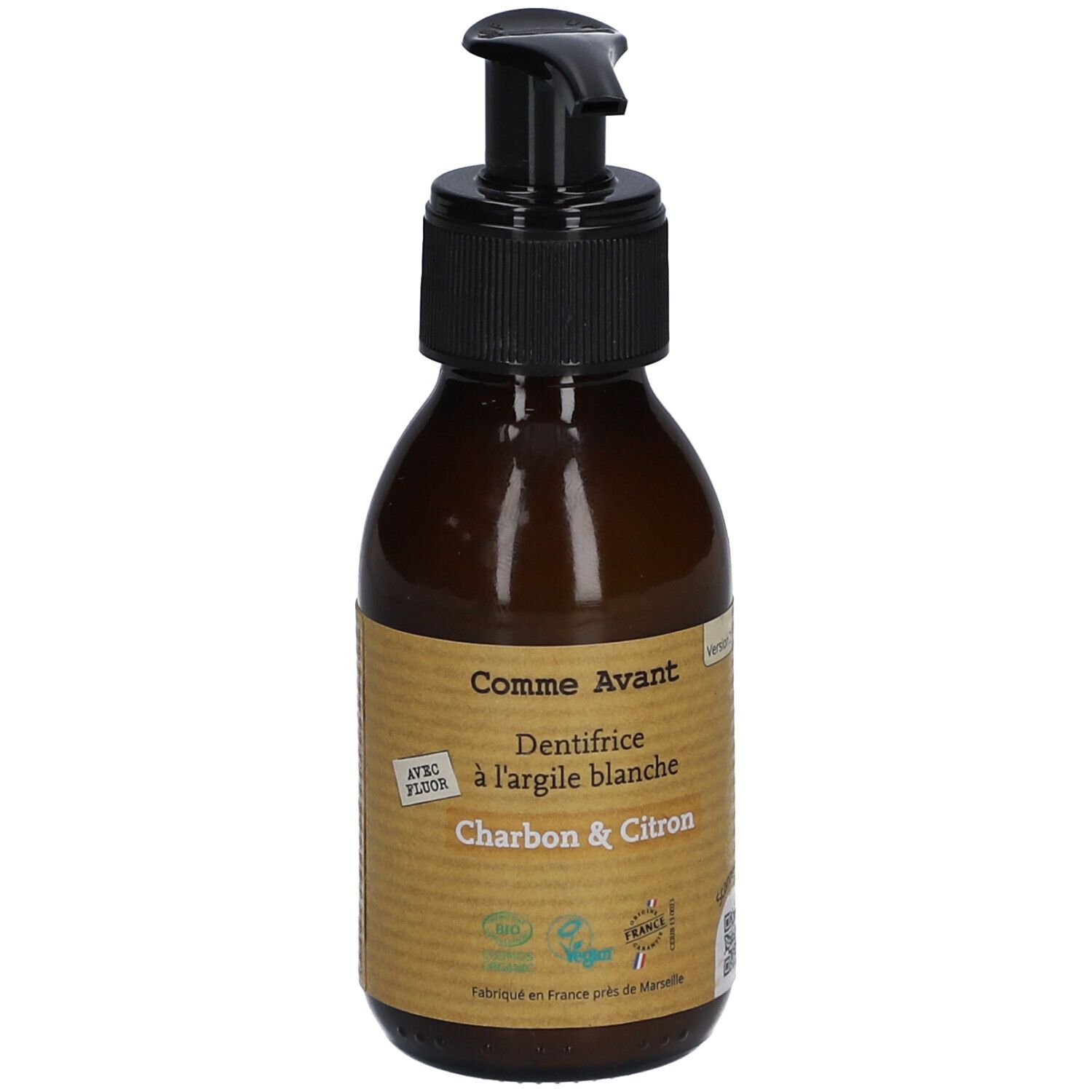 Flacon brun avec pompe noire. Étiquette avec nom du produit et ingrédients. Certification bio.