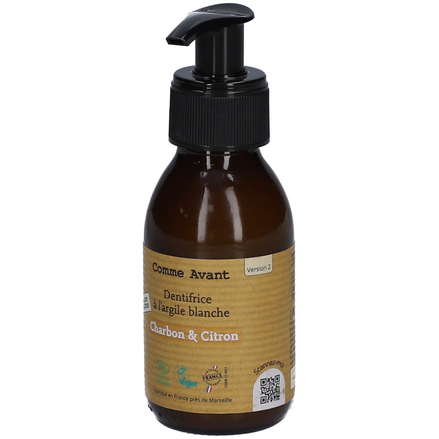 Flacon brun avec pompe noire. Étiquette avec nom du produit et ingrédients. Code QR. Version 2.