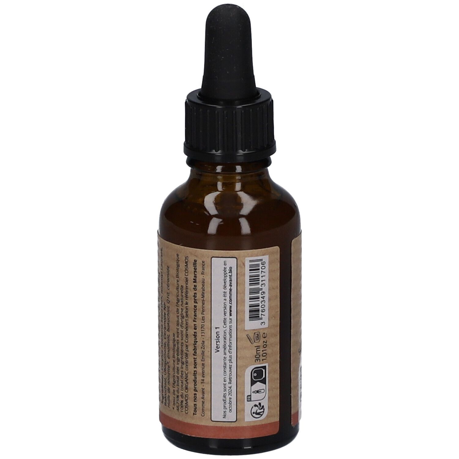 Achterkant van een bruine glazen fles met zwarte druppelaar. Etiket met tekst en barcode. 30 ml.