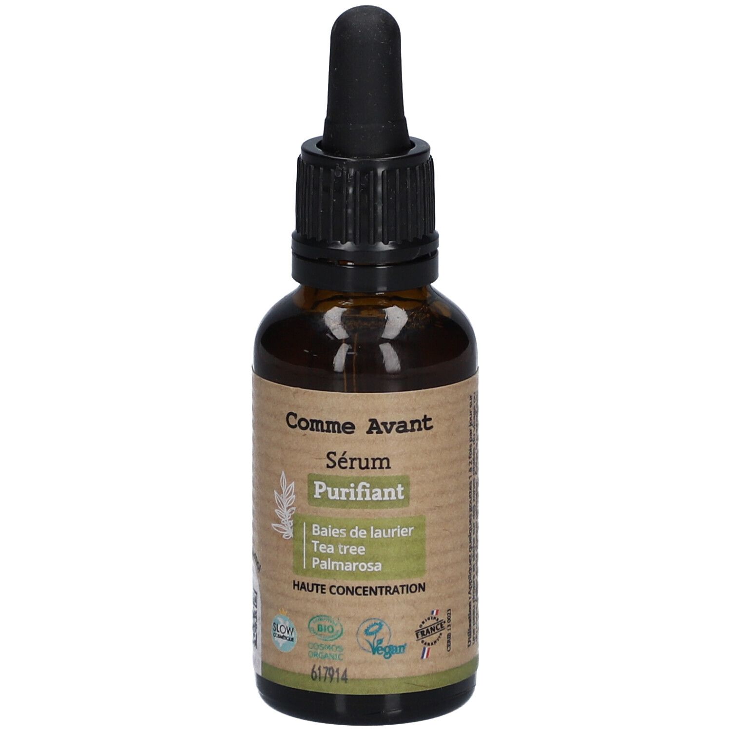 Bruine glazen fles met zwarte dop en pipet. Etiket met productnaam en ingrediënten. Vegan keurmerk.