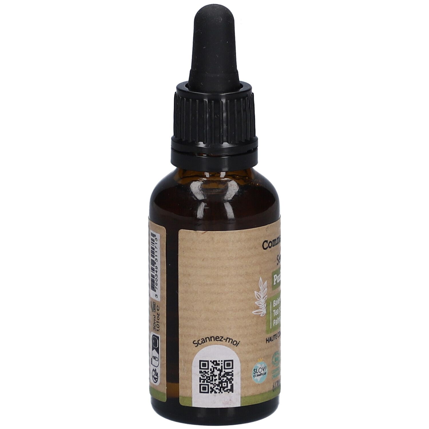 Bruine glazen fles met zwarte dop en pipet. Etiket met QR-code en productinformatie. Vegan keurmerk.