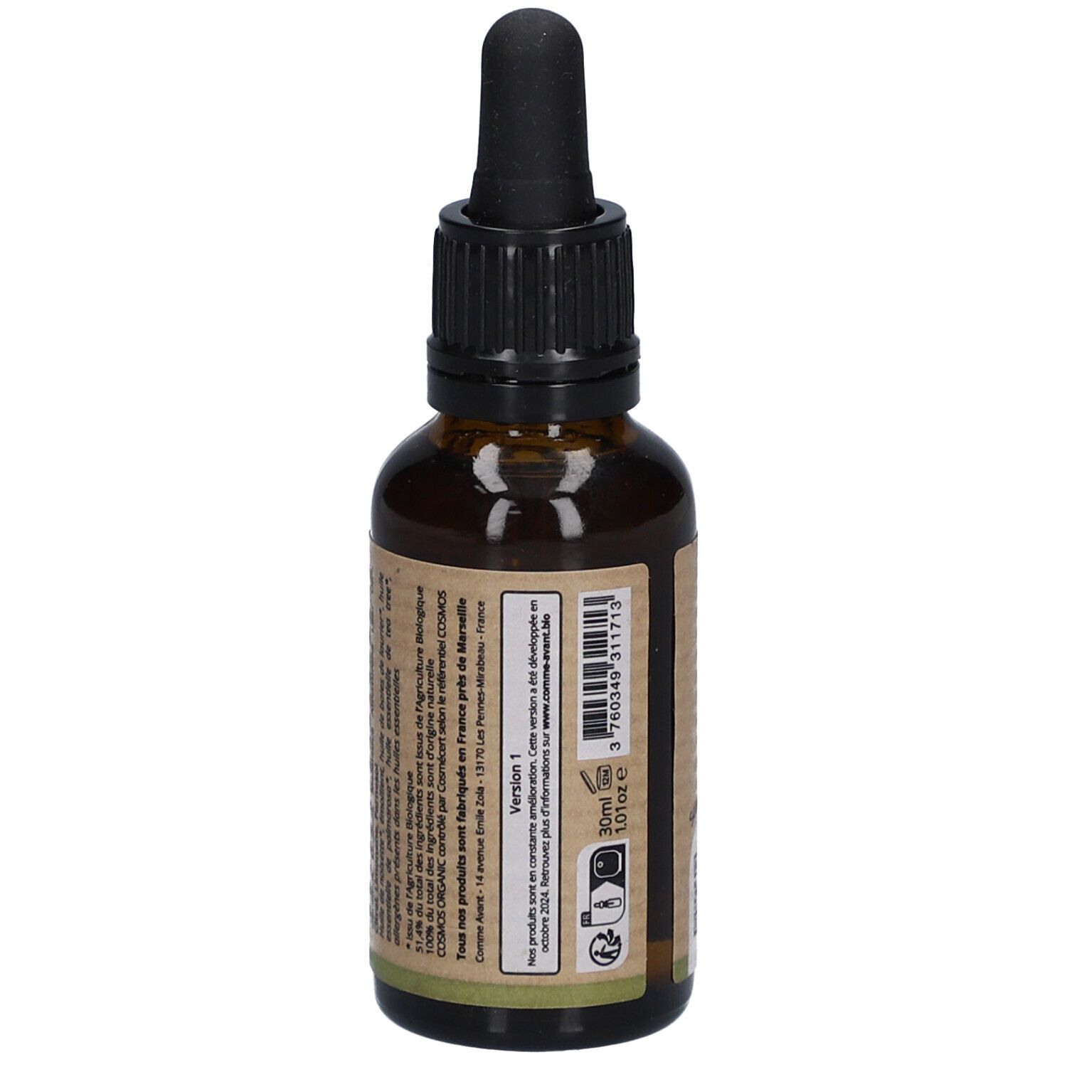 Bruine glazen fles met zwarte dop en pipet. Etiket met productinformatie en barcode. 30ml.