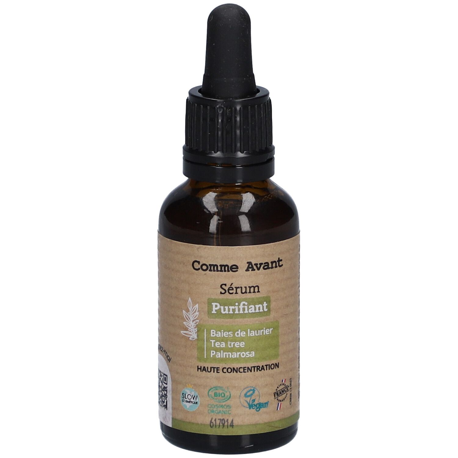 Bruine glazen fles met zwarte dop en pipet. Etiket met productnaam en ingrediënten. Vegan keurmerk.