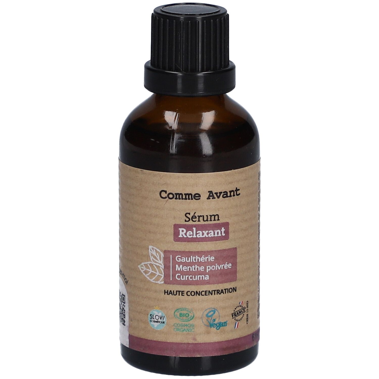 Bruine glazen fles met zwarte dop. Etiket met productnaam, ingrediënten en certificeringen. "Comme Avant" en "Sérum Relaxant".