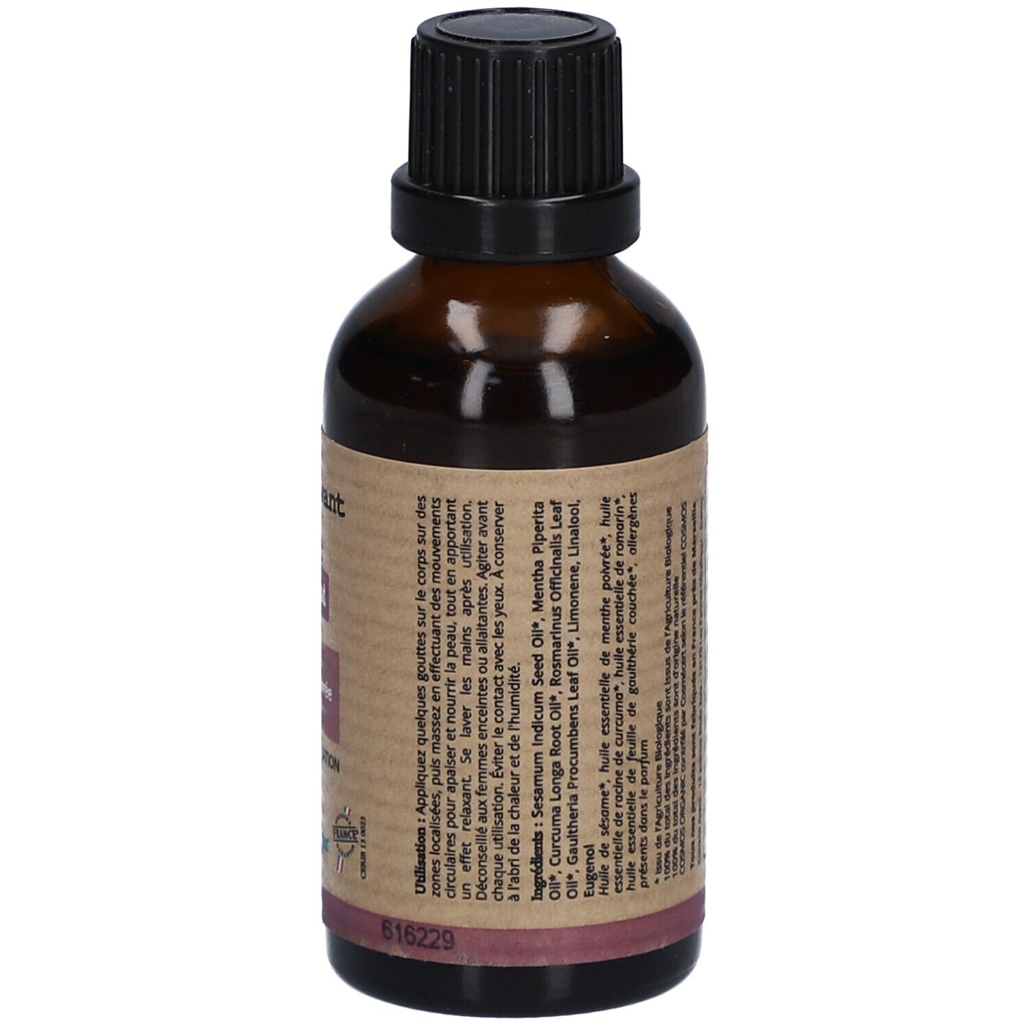 Bruine glazen fles met zwarte dop. Etiket met productnaam, ingrediënten en certificeringen. "Comme Avant" en "Sérum Relaxant".