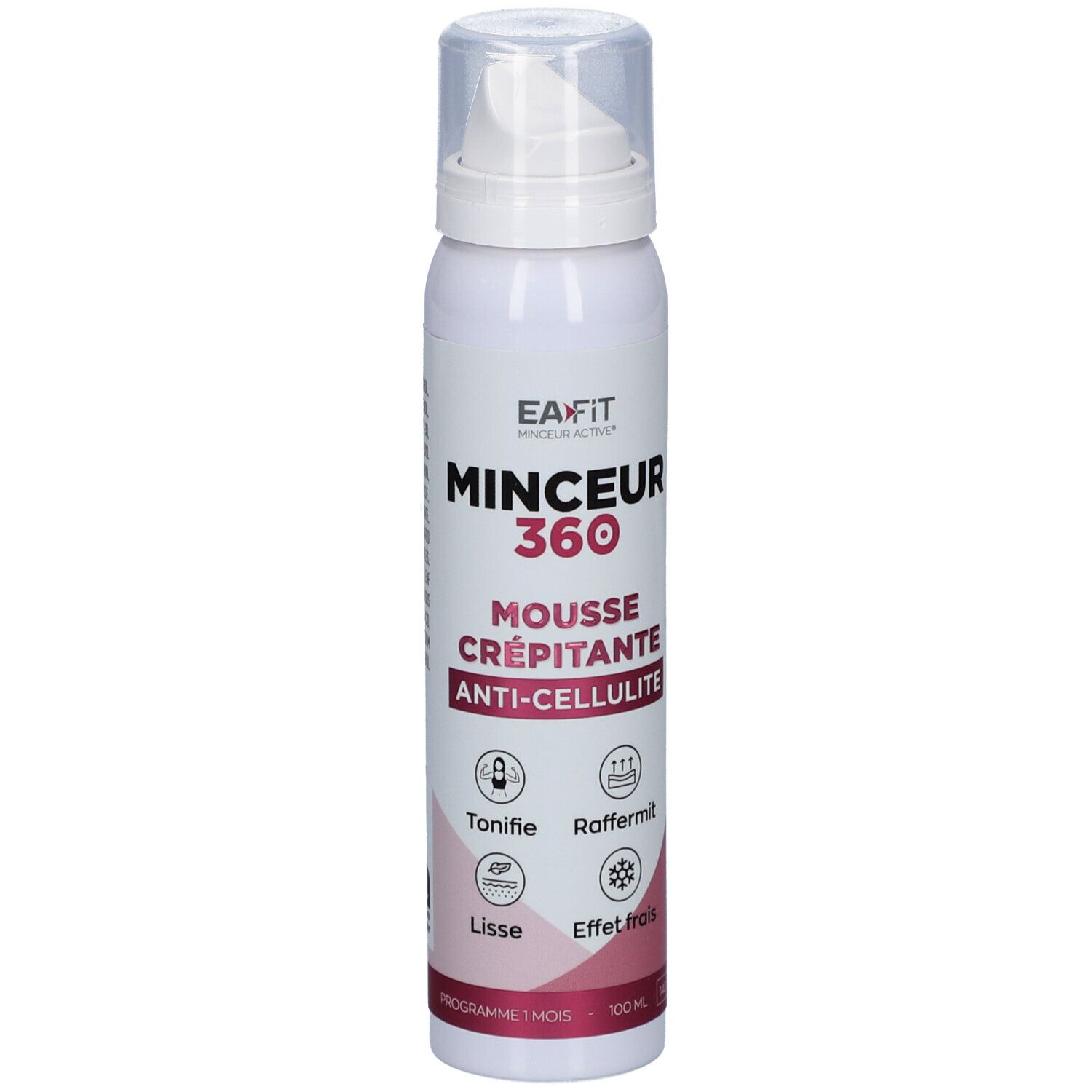 Witte fles met sproeikop. Opschrift: Minceur 360 Mousse Crépitante Anti-Cellulite. Logo's en tekst in het Frans.