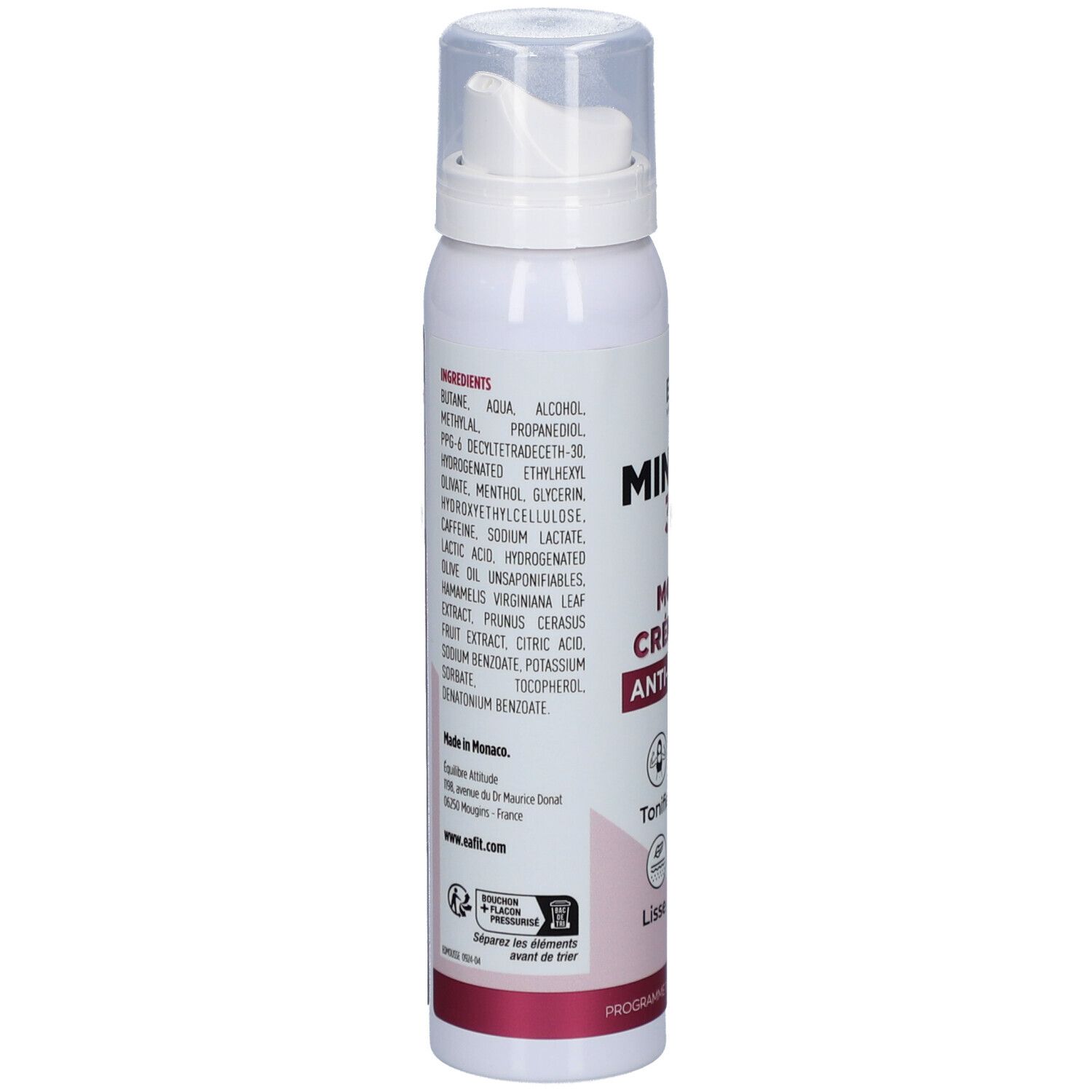 Achterkant van de fles. Lijst van ingrediënten in het Frans. Fabrikanteninformatie en logo's.