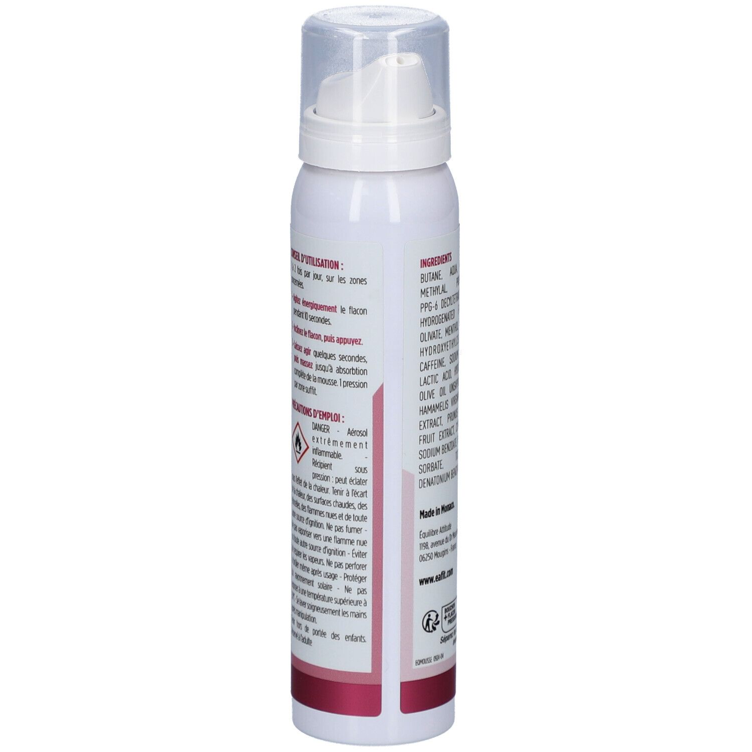 Achterkant van de fles. Gebruiksaanwijzing en waarschuwingen in het Frans. Gevaarsymbool.