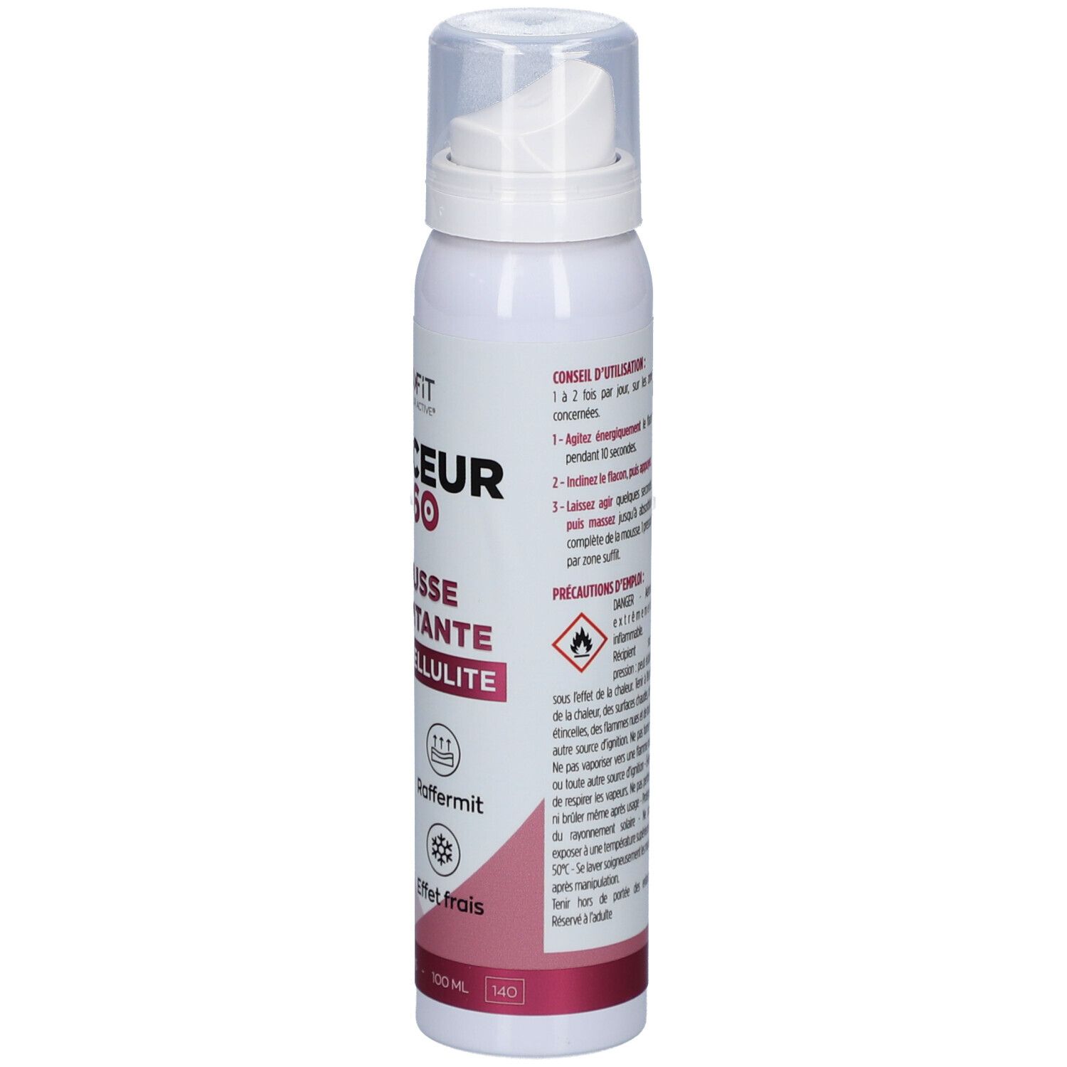 Achterkant van de fles. Gebruiksaanwijzing in het Frans. Voorzorgsmaatregelen en logo's.