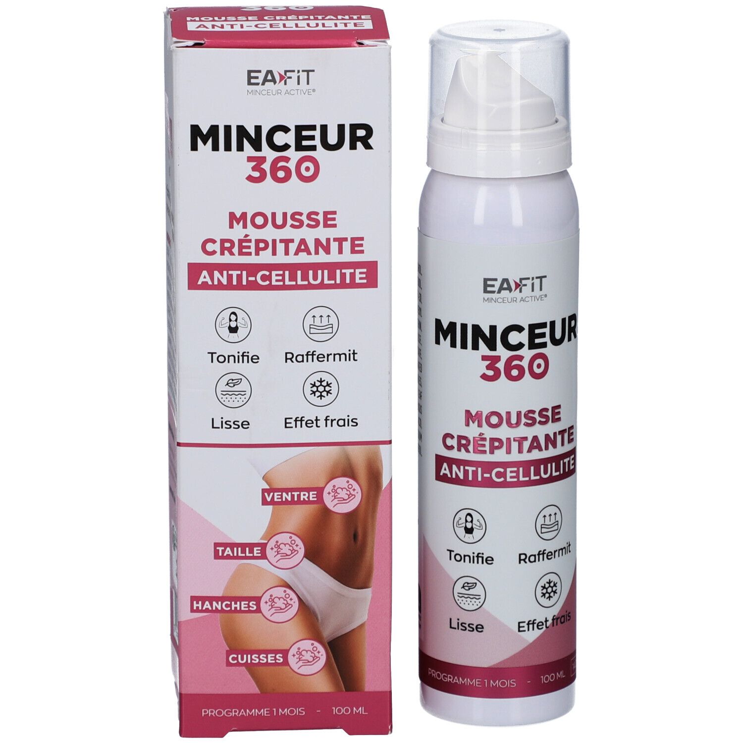 Product en verpakking. Witte fles en doos. Opschrift: Minceur 360 Mousse Crépitante Anti-Cellulite. Tekst in het Frans.