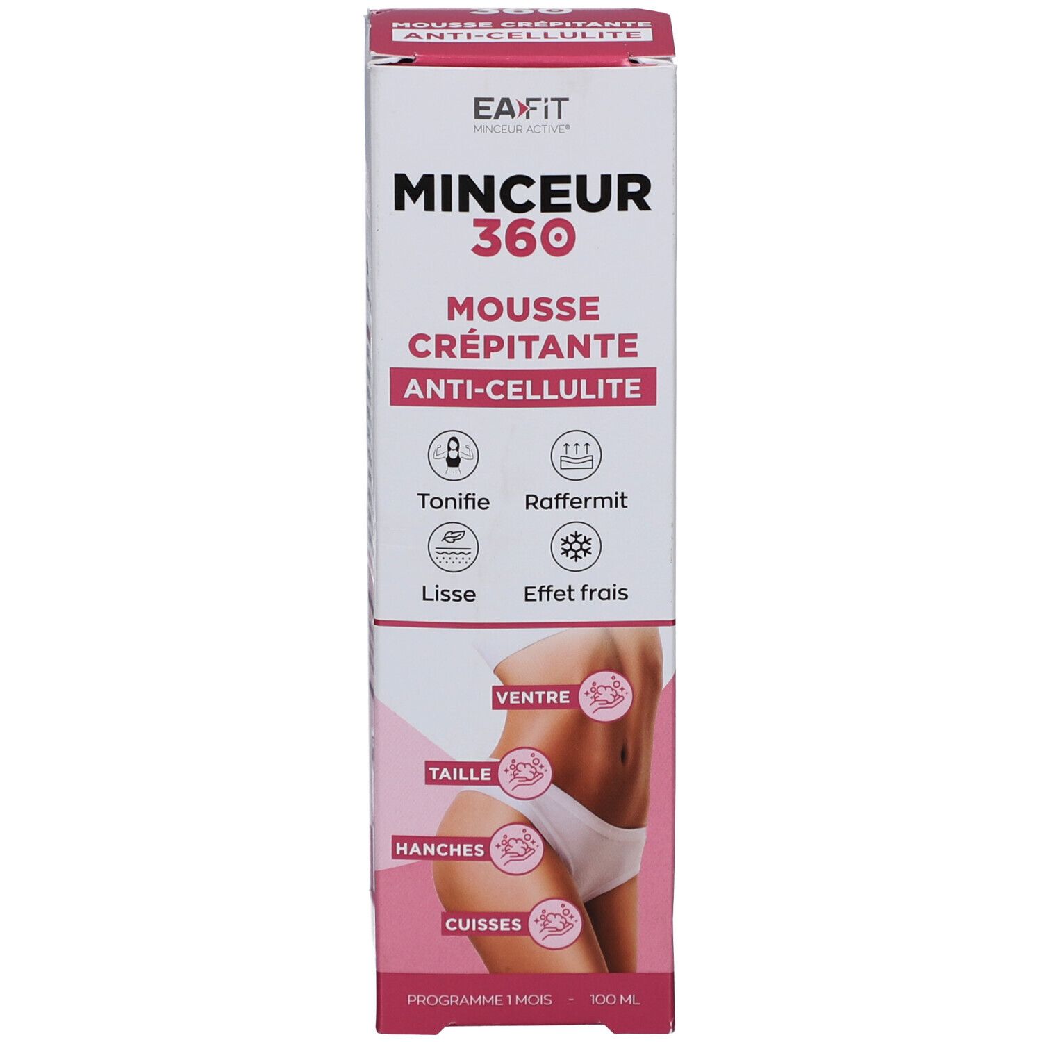 Productverpakking. Doos met opschrift: Minceur 360 Mousse Crépitante Anti-Cellulite. Tekst in het Frans. Illustratie.