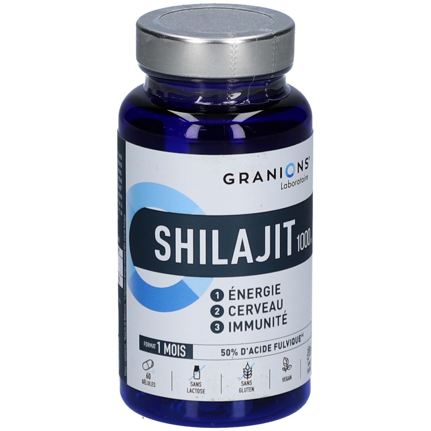 Flacon bleu de gélules Shilajit. Inscriptions : GRANIONS, Shilajit 1000, Énergie, Cerveau, Immunité. 60 gélules, 1 mois.