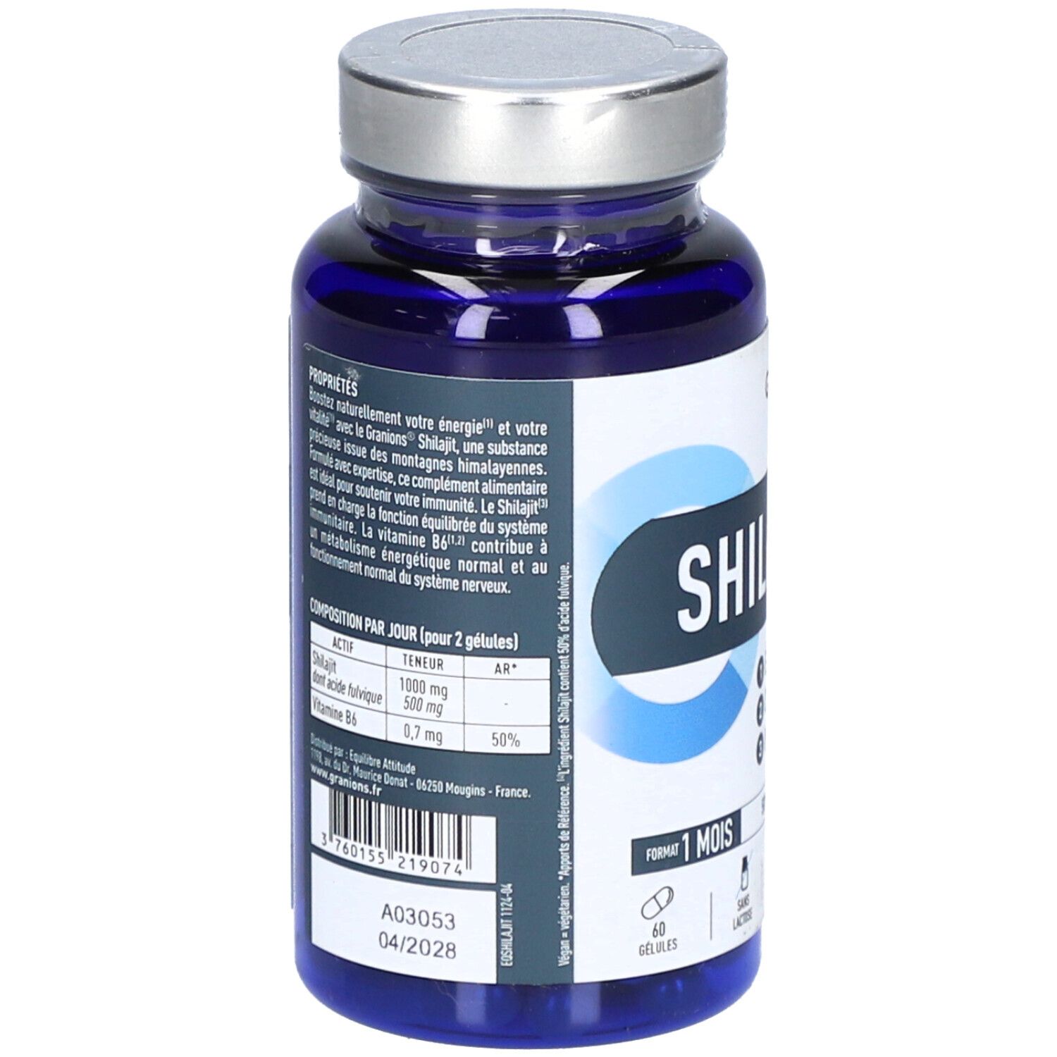 Dos du flacon bleu de gélules Shilajit. Texte sur les propriétés et la composition. 60 gélules, 1 mois.