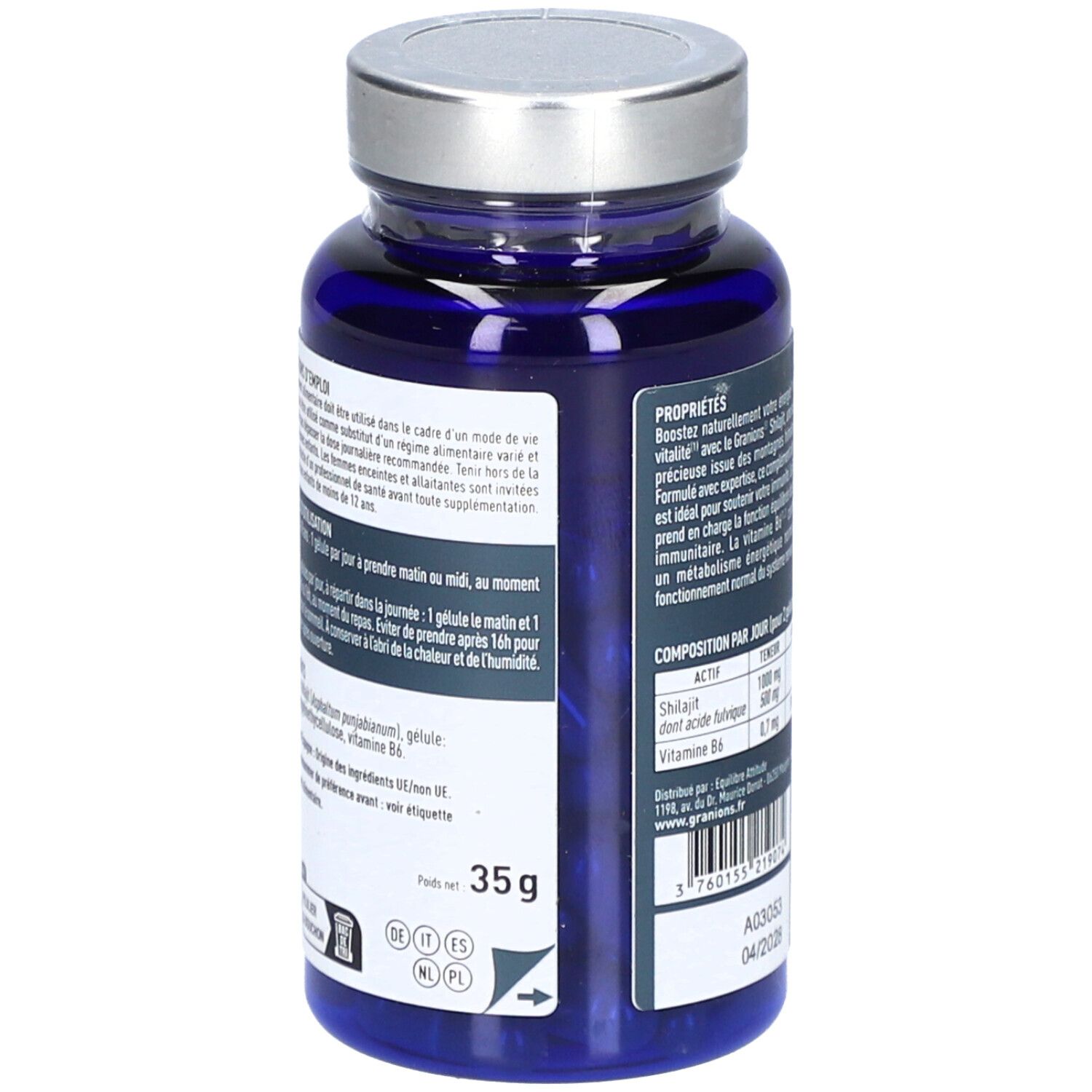 Dos du flacon bleu de gélules Shilajit. Texte sur l'utilisation et les ingrédients. Poids : 35g.