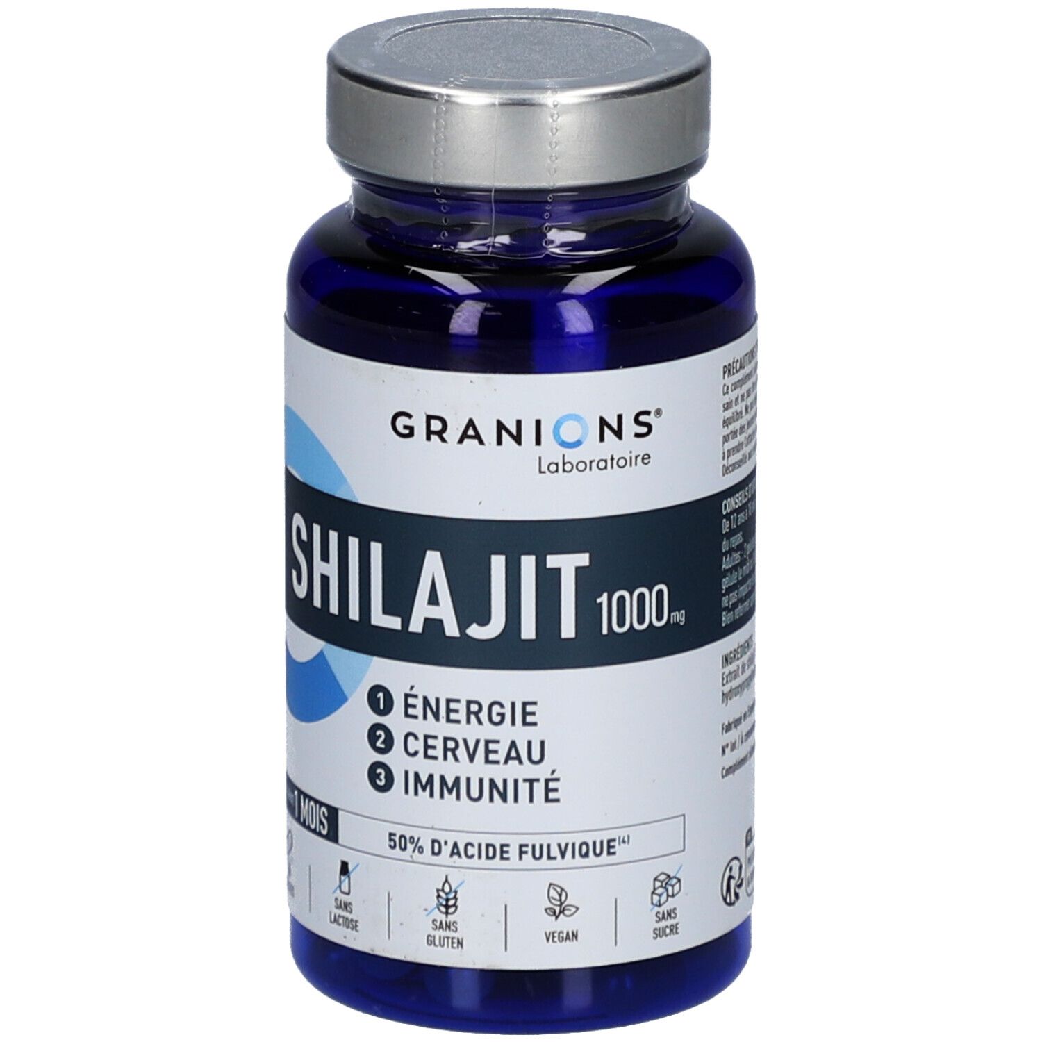 Flacon bleu de gélules Shilajit. Inscriptions : GRANIONS, Shilajit 1000, Énergie, Cerveau, Immunité. 60 gélules, 1 mois.