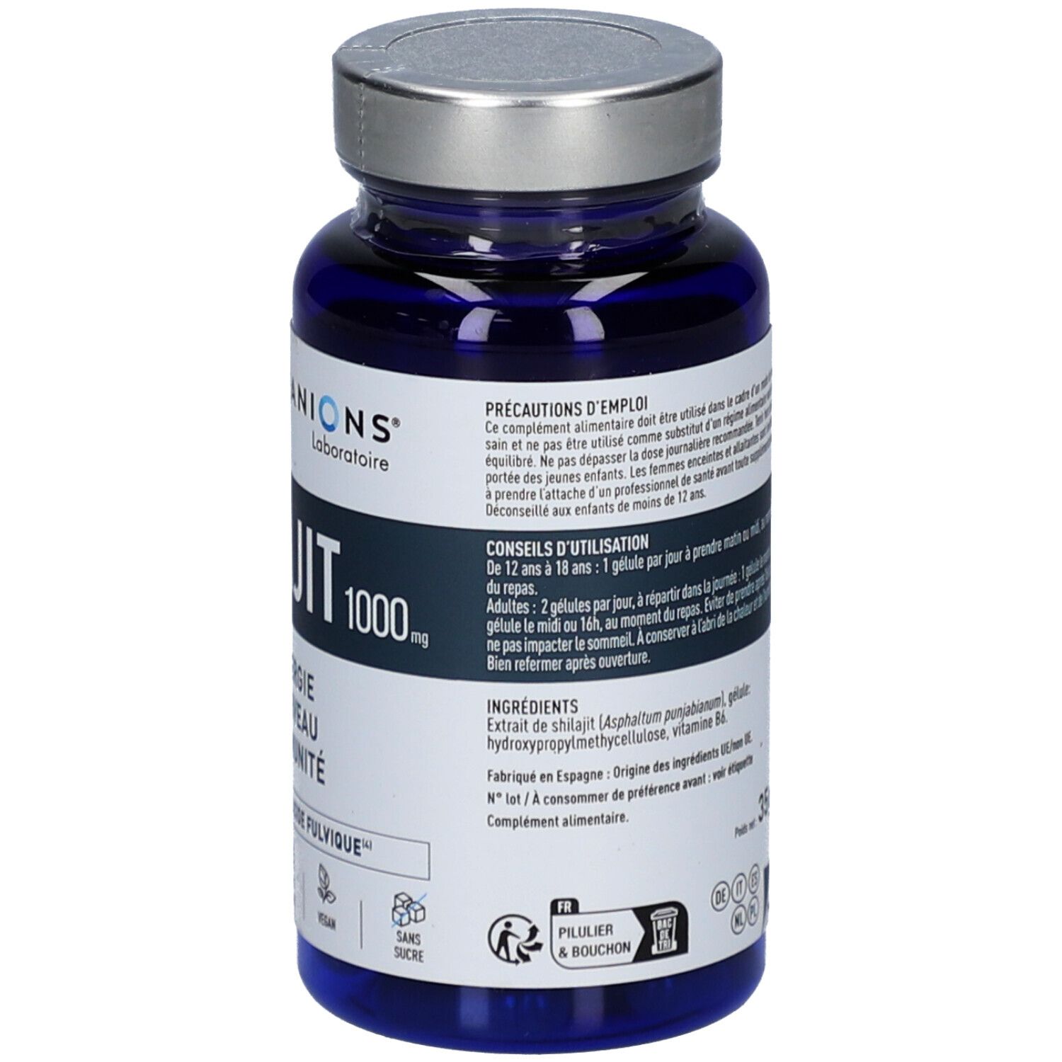 Flacon bleu de gélules Shilajit. Inscriptions : GRANIONS, Shilajit 1000, Énergie, Cerveau, Immunité. 60 gélules, 1 mois.