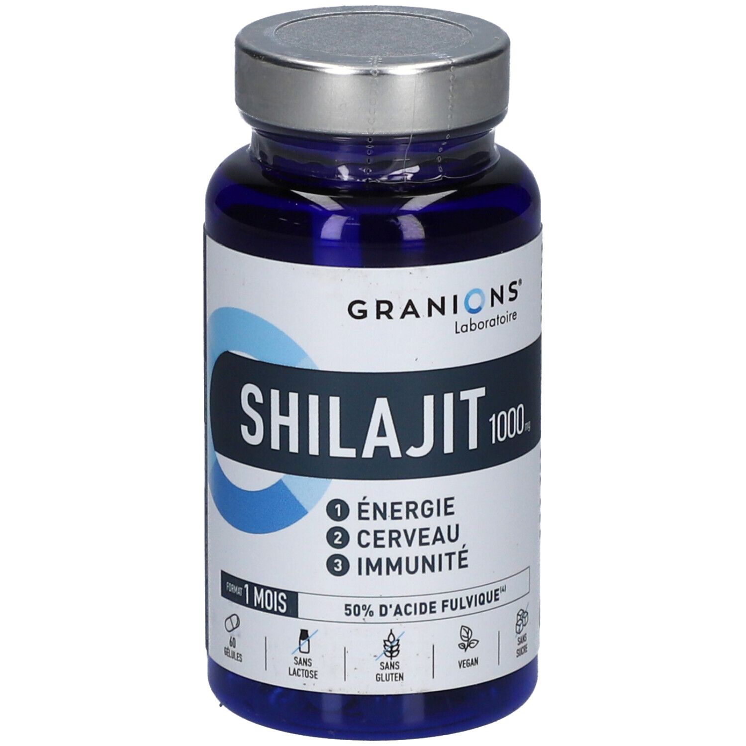 Flacon bleu de gélules Shilajit. Inscriptions : GRANIONS, Shilajit 1000, Énergie, Cerveau, Immunité. 60 gélules, 1 mois.