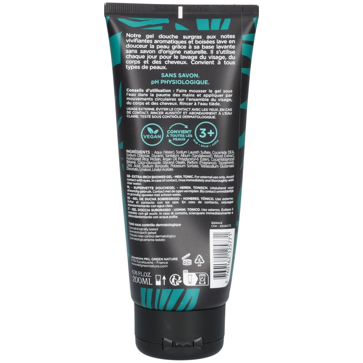 Tube de gel douche 200ml, vegan et convient à tous types de peaux.
