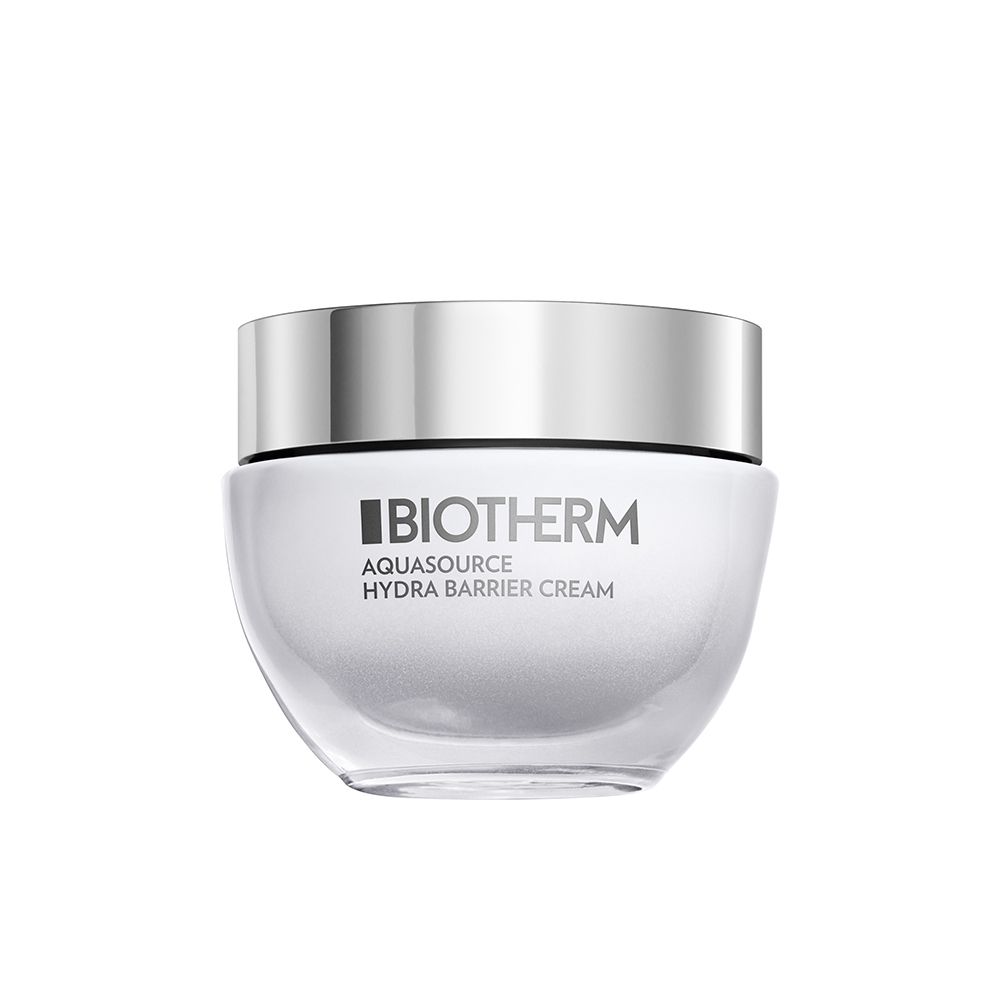 Crème Biotherm Aquasource Hydra Barrier dans un pot blanc avec couvercle argenté.