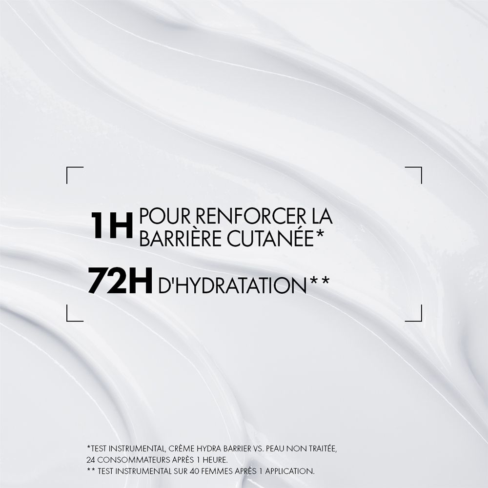Texte en français : '1H pour une barrière cutanée renforcée' et '72H d'hydratation'.