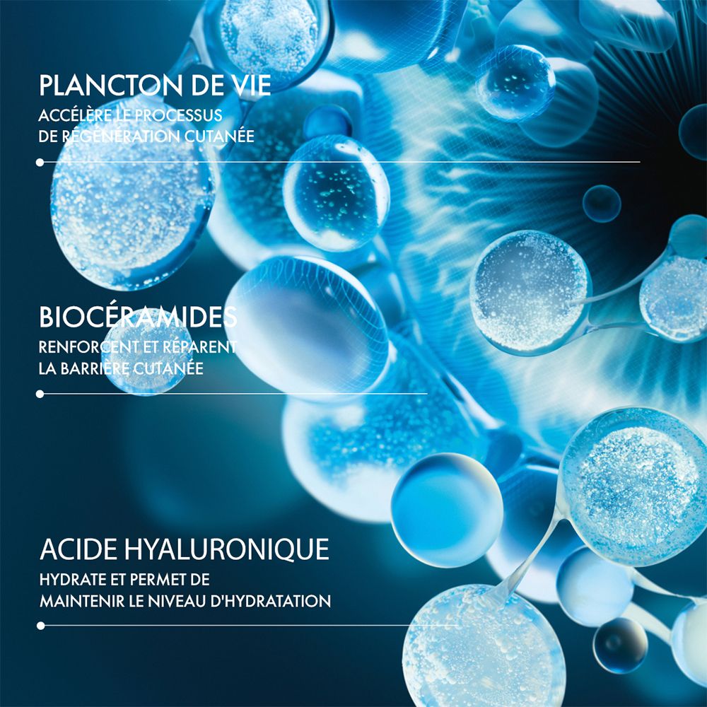 Représentation abstraite de couches de peau avec texte sur l'hydratation et la fermeté.