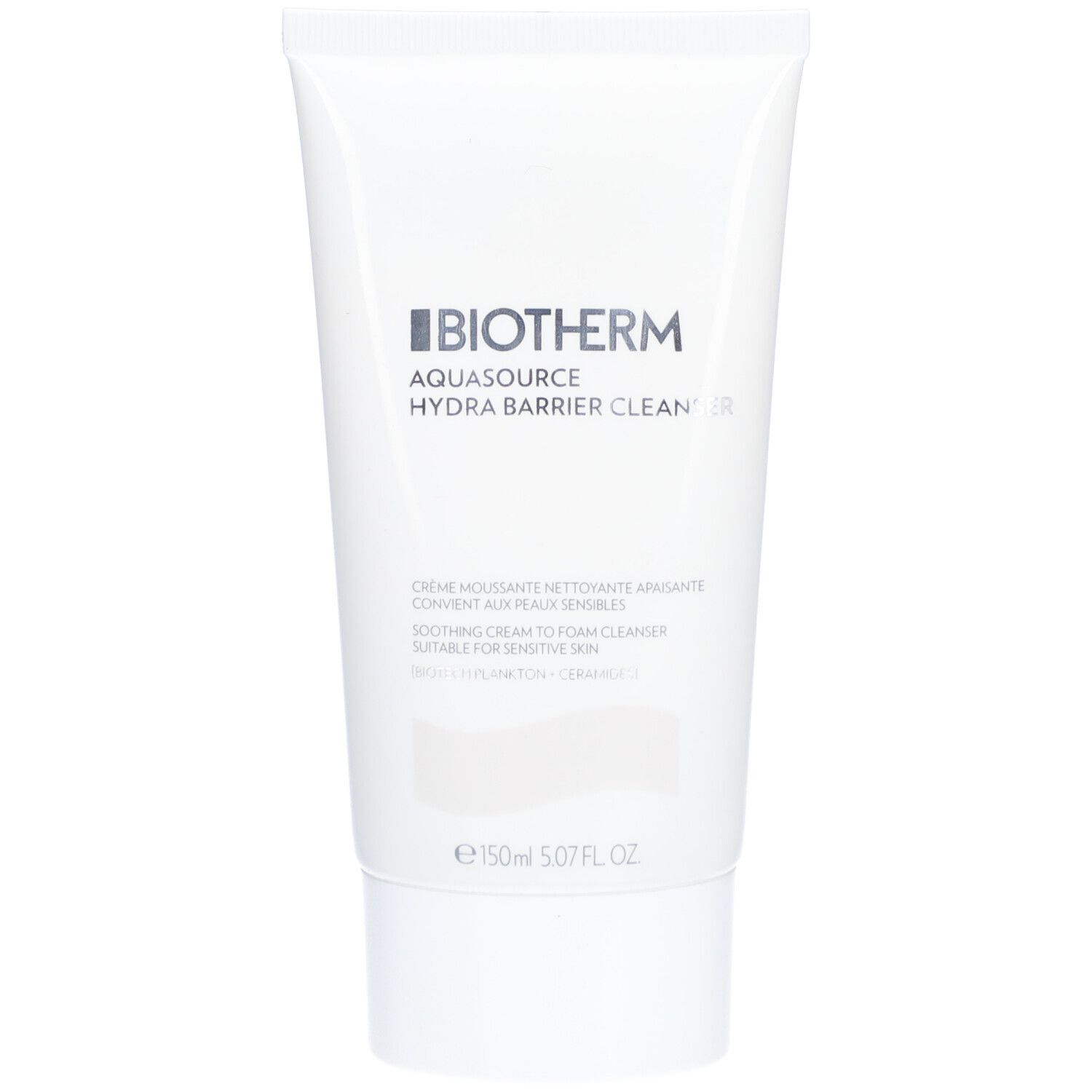Witte tube met Biotherm Aquasource tekst. Productnaam en tekst in blauw. Fles met witte dop.