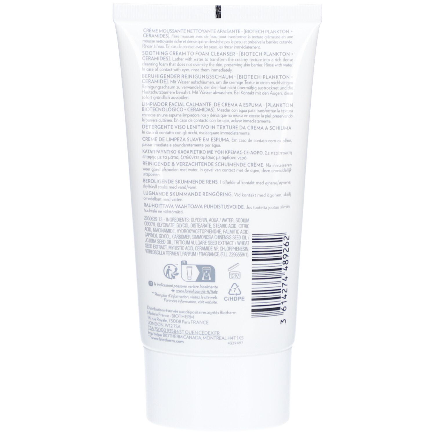 Achterkant van de witte tube. Meertalige tekst. Barcode en recyclingsymbolen. Witte dop.
