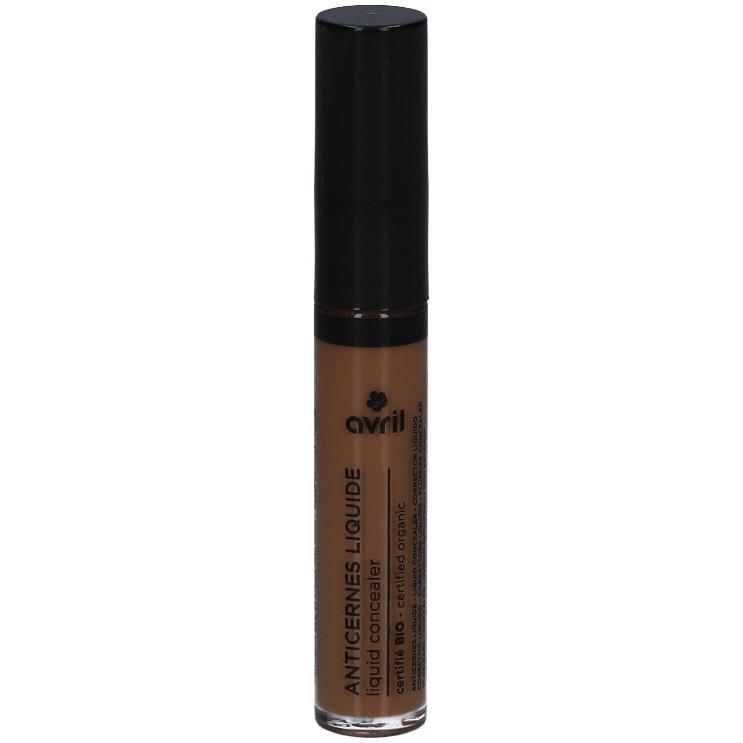 Correcteur liquide dans un flacon fin avec bouchon noir. Inscription: ANTICERNES LIQUIDE, certifié biologique.