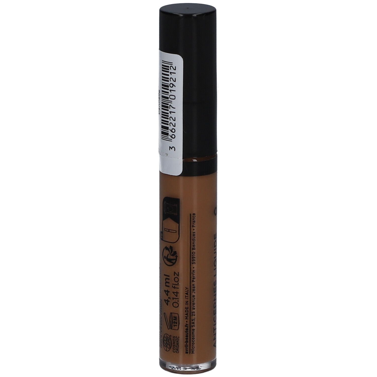Dos du correcteur. Code-barres et informations. Volume: 4,4 ml. Fabriqué en Italie. Certifié biologique.