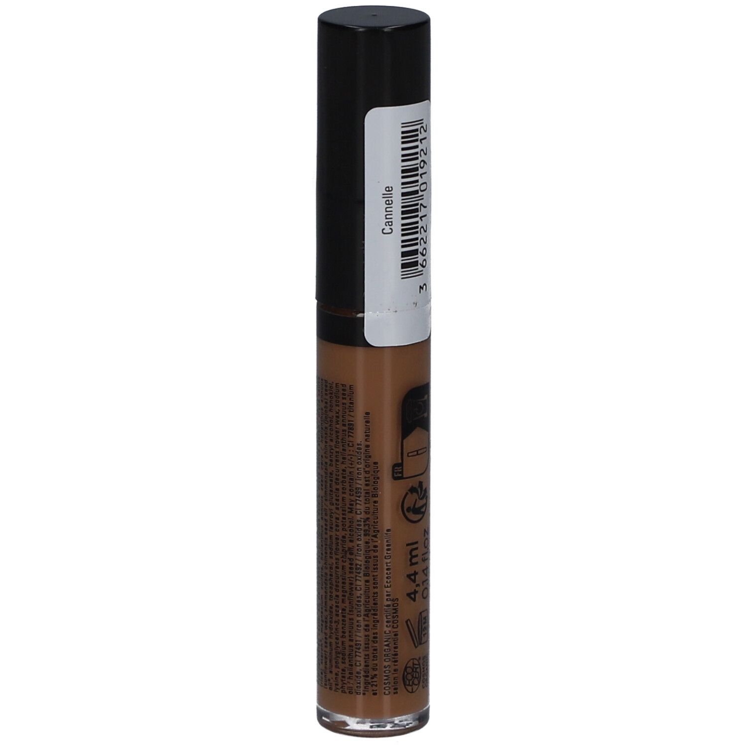 Dos du correcteur. Inscription: Cannelle. Code-barres et informations. Volume: 4,4 ml. Certifié biologique.